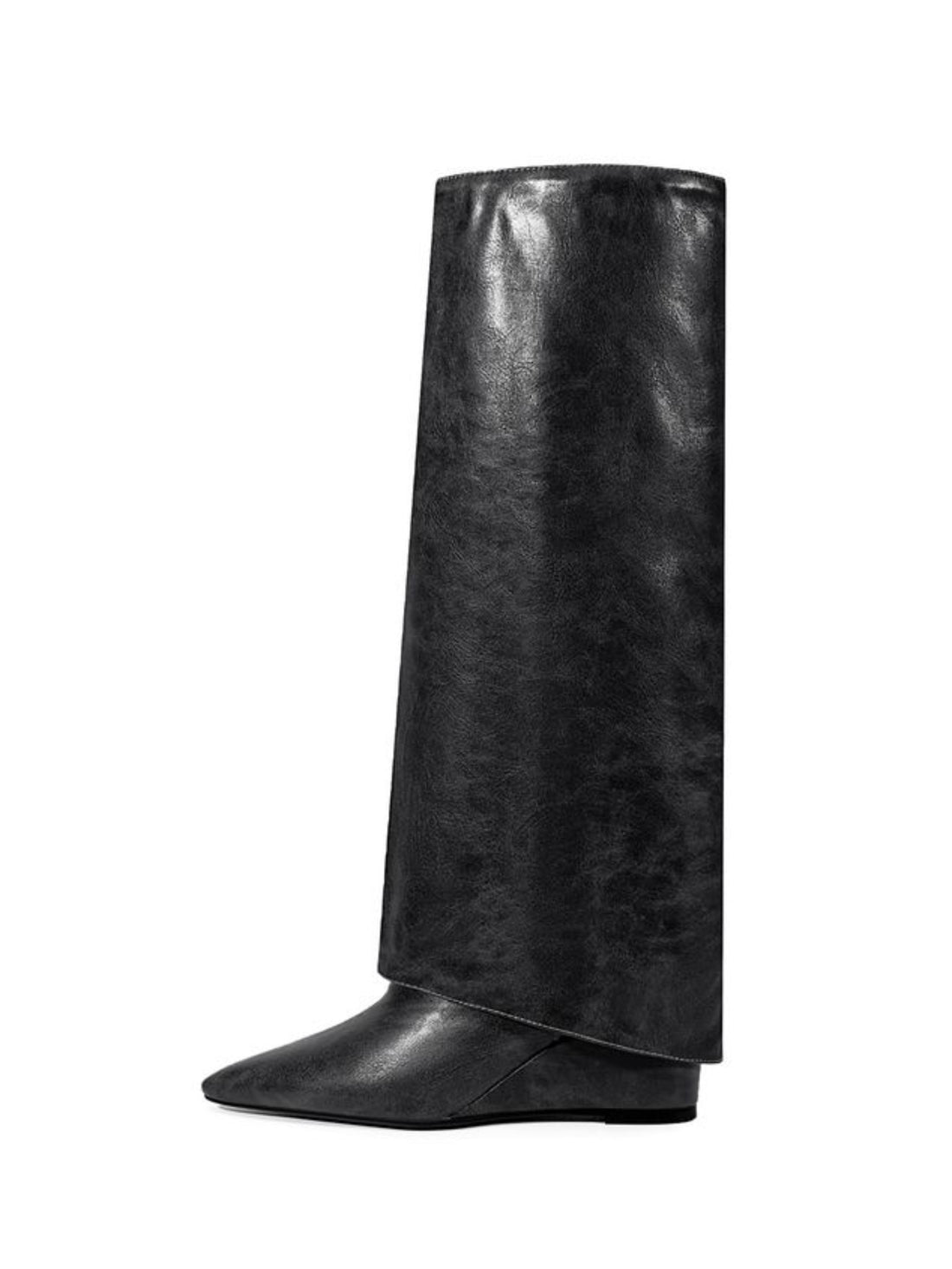 Black Fold Over Pointed Toe Ladies Long Boots with Wedge Heels