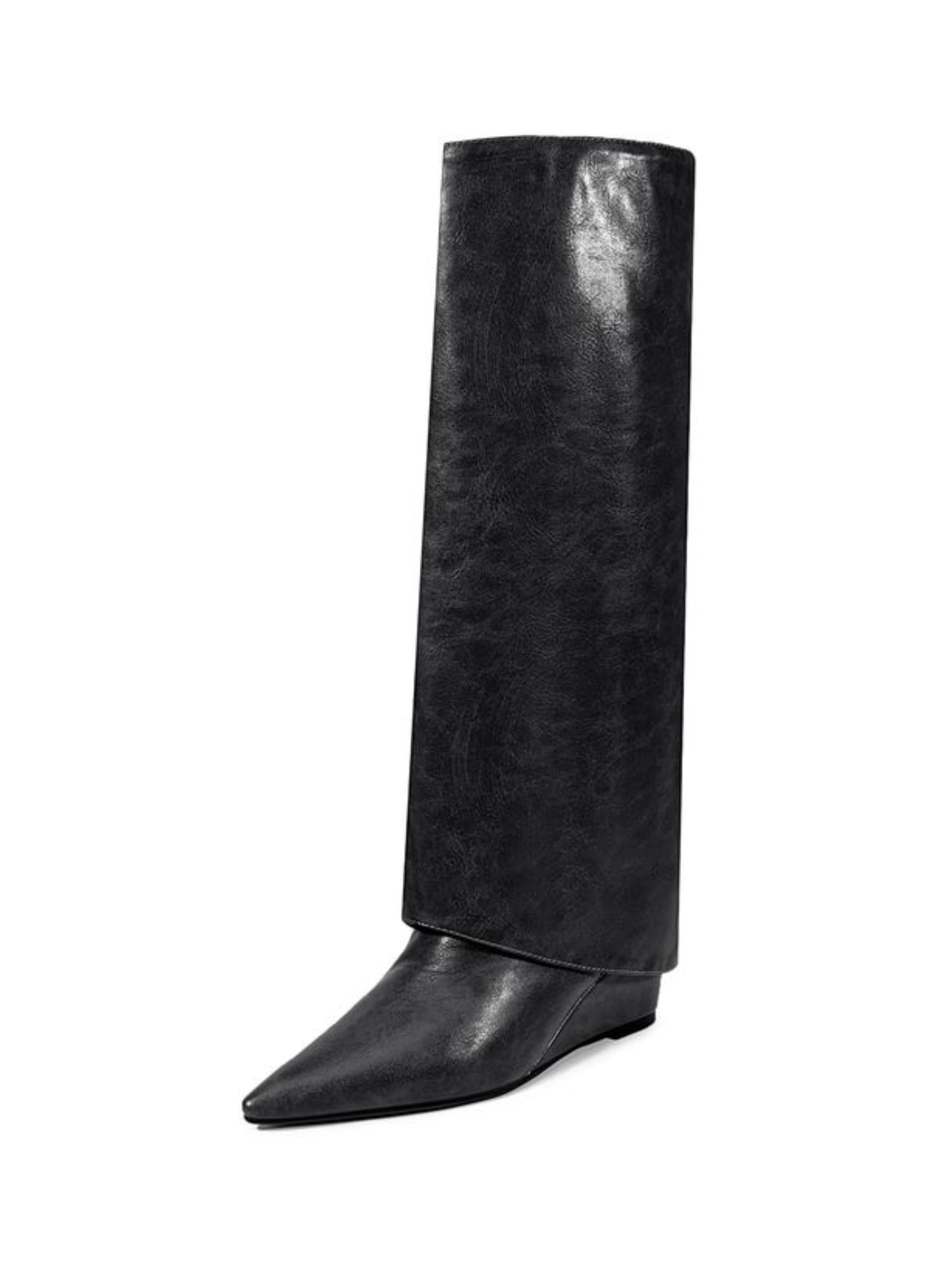 Black Fold Over Pointed Toe Ladies Long Boots with Wedge Heels