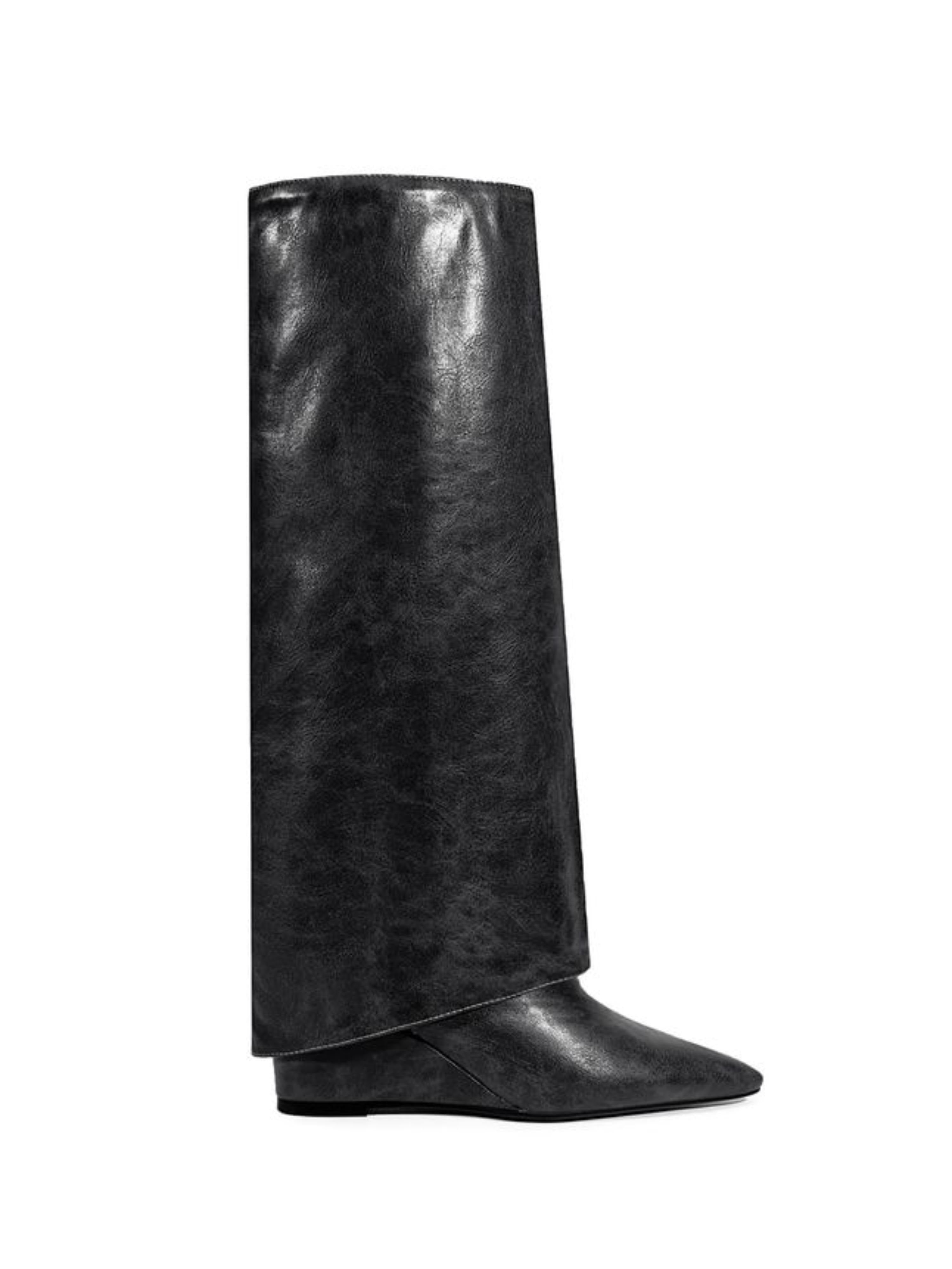Black Fold Over Pointed Toe Ladies Long Boots with Wedge Heels