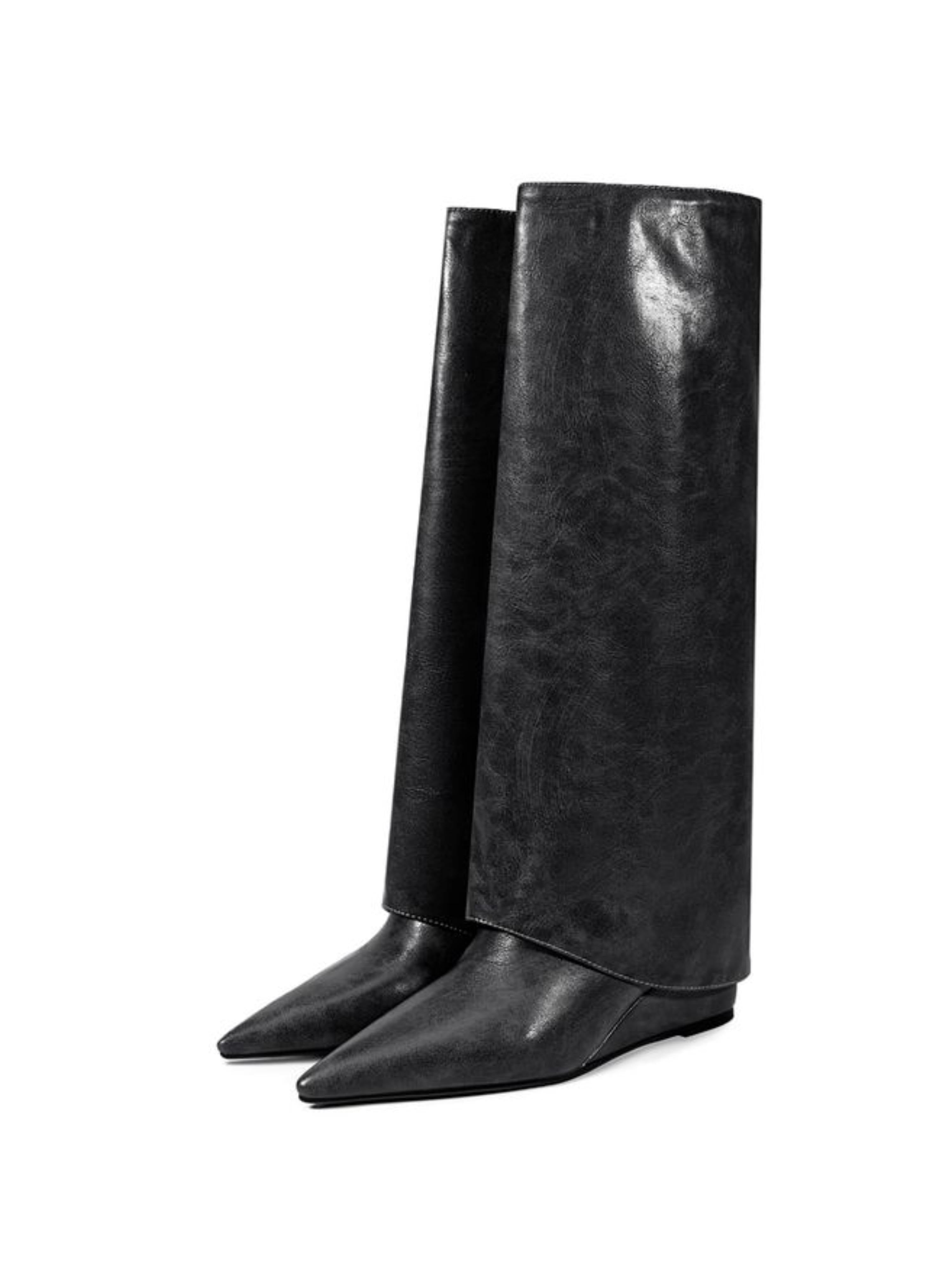 Black Fold Over Pointed Toe Ladies Long Boots with Wedge Heels