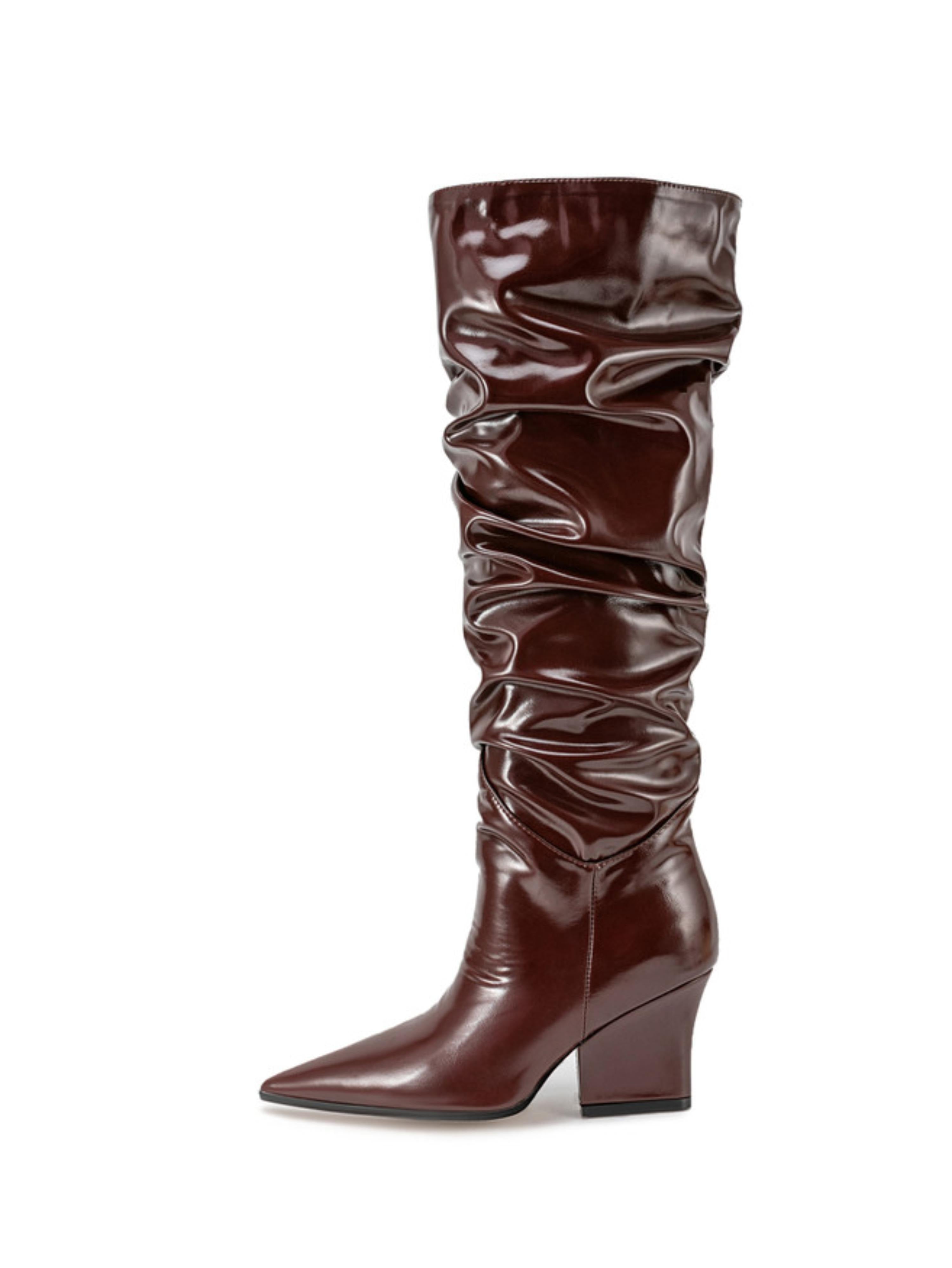 Dark Brown Slouchy Slip-On Long Boots with Block Heels