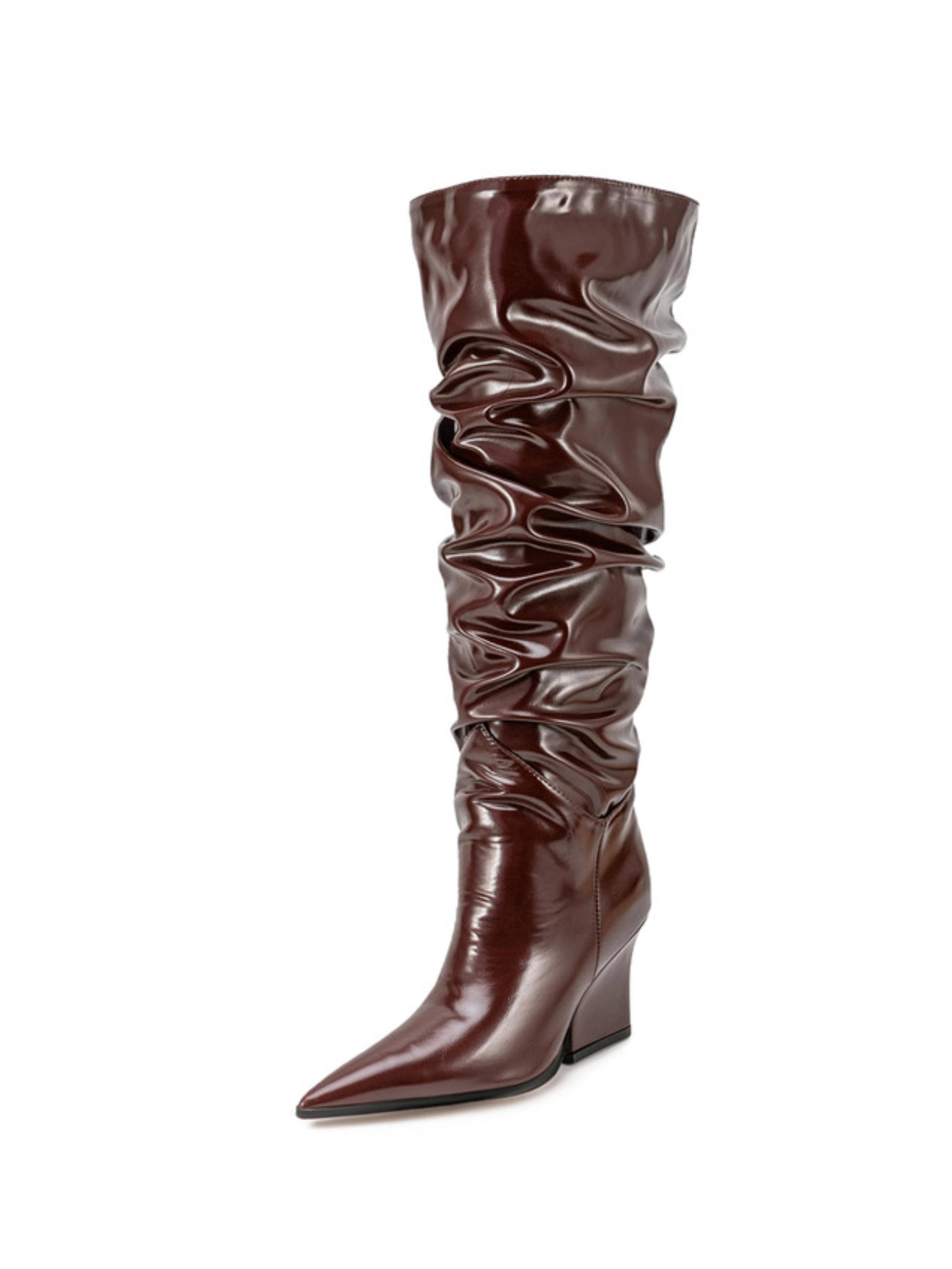 Dark Brown Slouchy Slip-On Long Boots with Block Heels