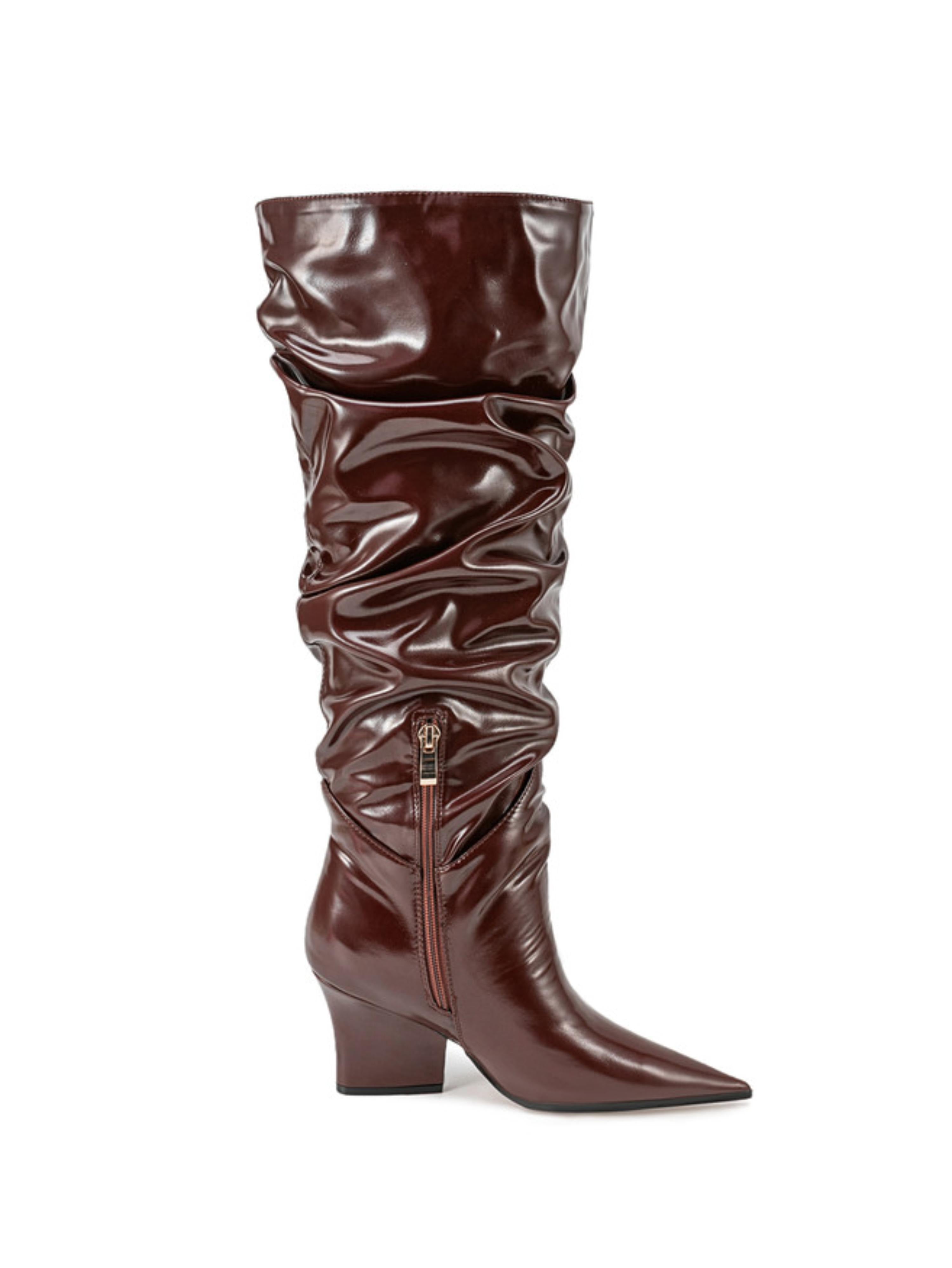 Dark Brown Slouchy Slip-On Long Boots with Block Heels