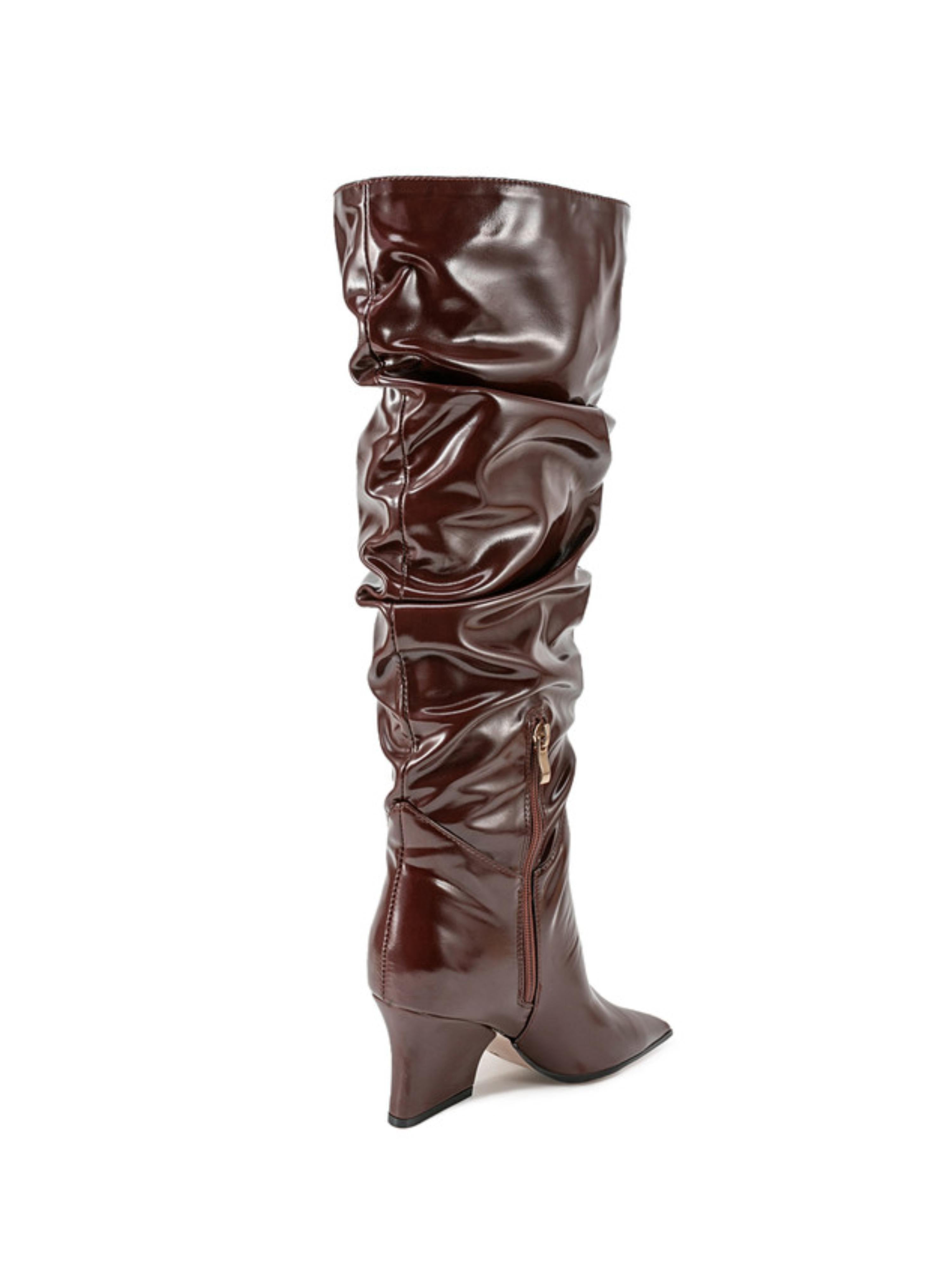 Dark Brown Slouchy Slip-On Long Boots with Block Heels