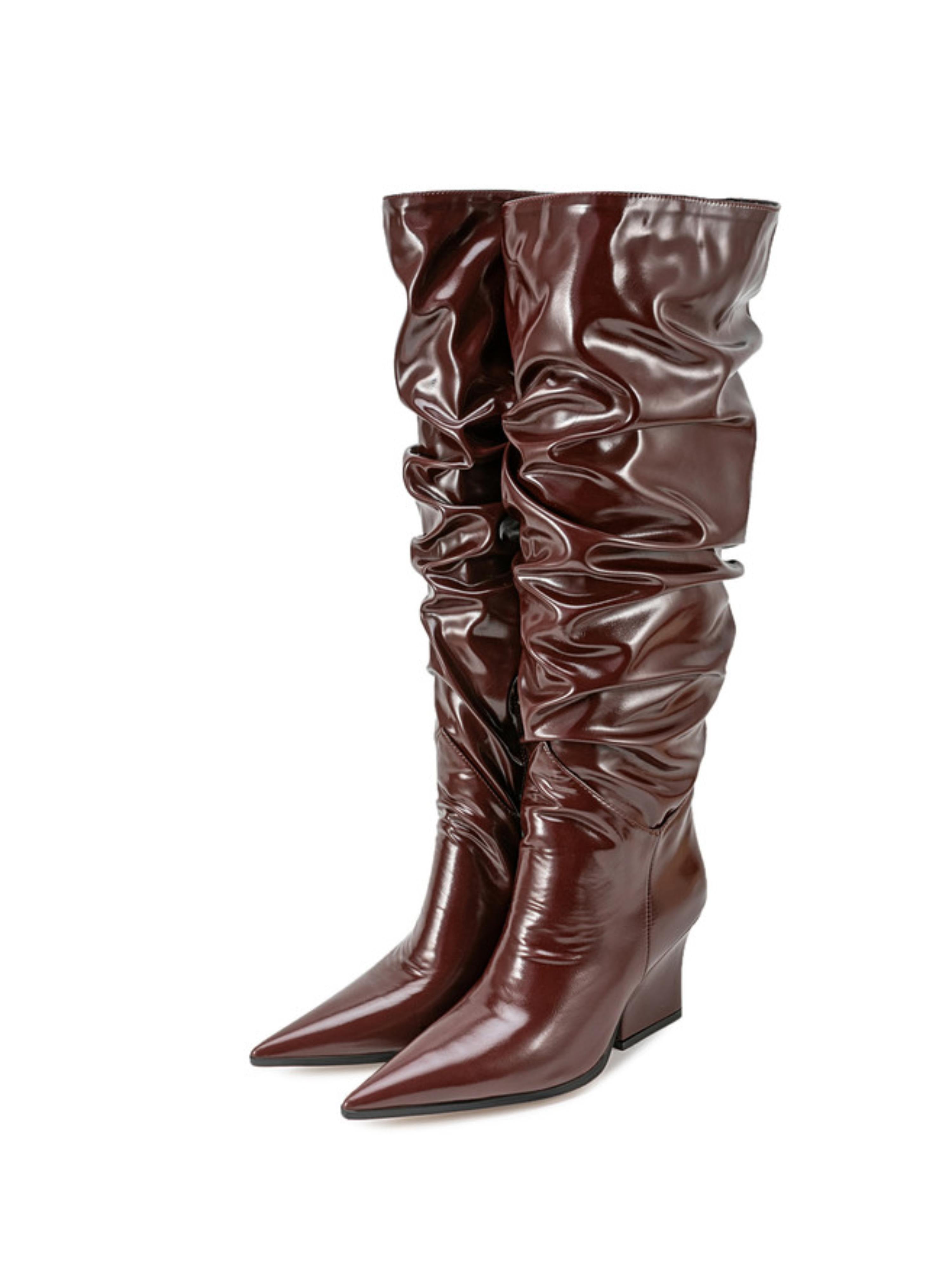 Dark Brown Slouchy Slip-On Long Boots with Block Heels