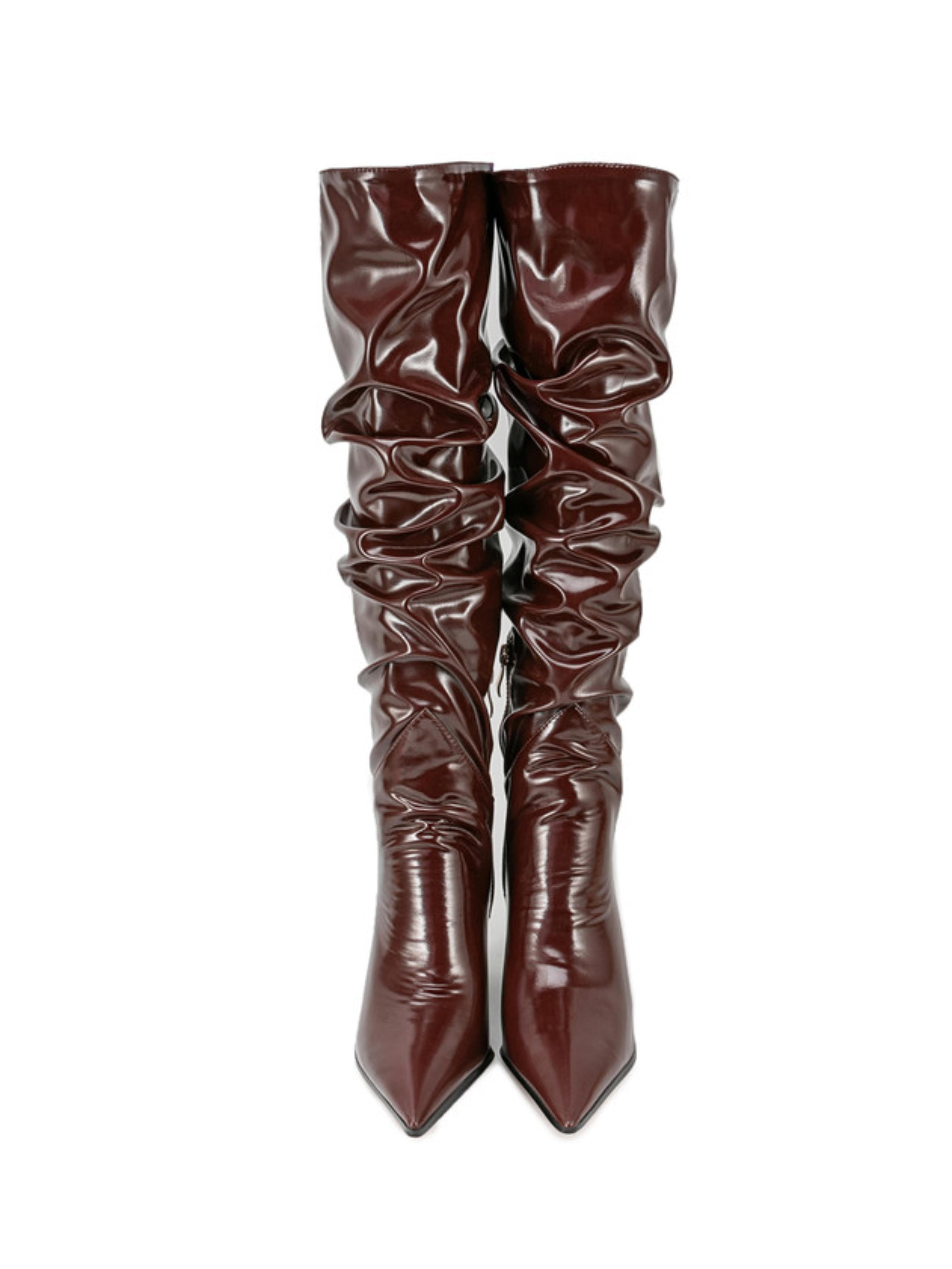 Dark Brown Slouchy Slip-On Long Boots with Block Heels