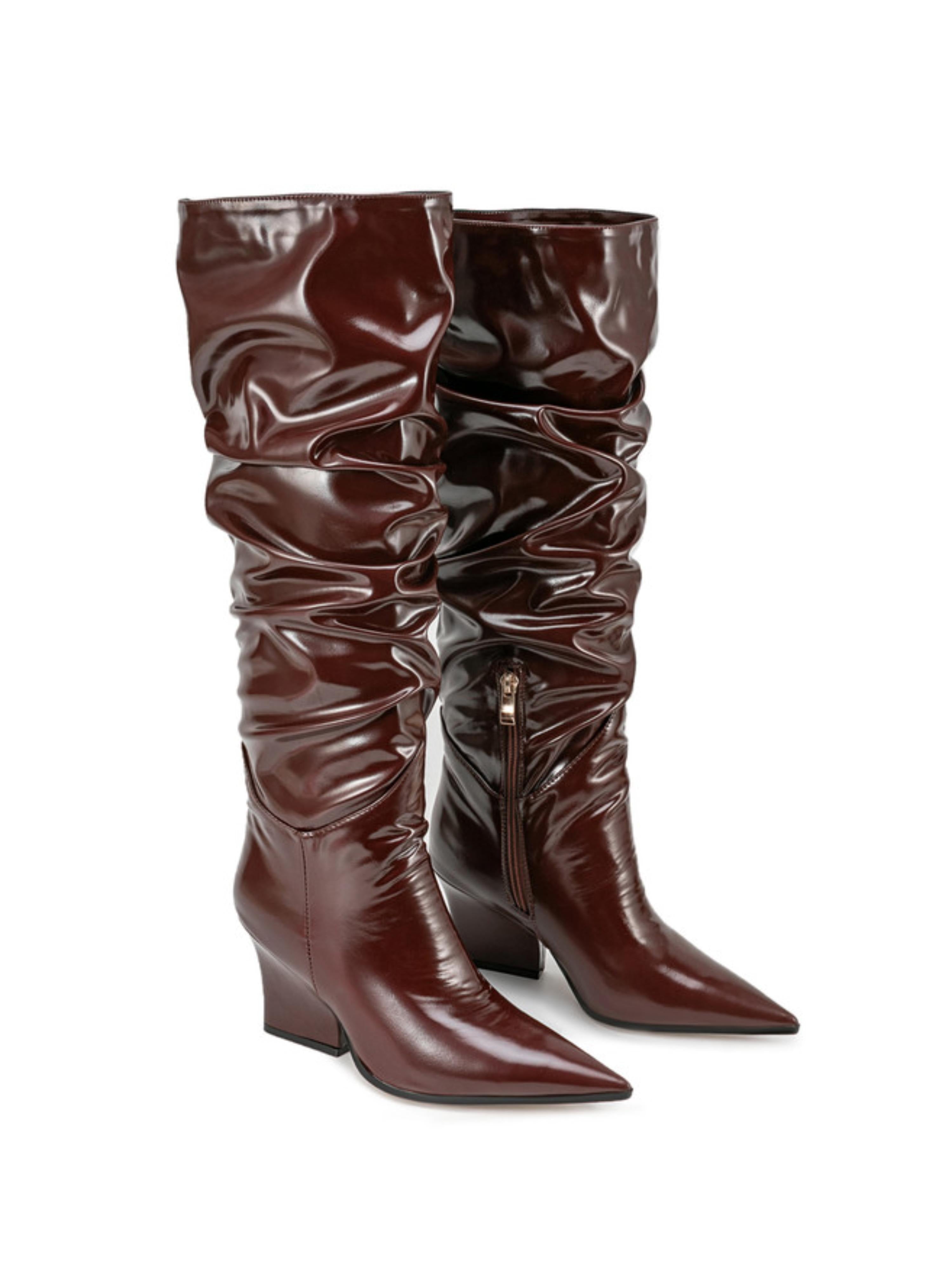 Dark Brown Slouchy Slip-On Long Boots with Block Heels