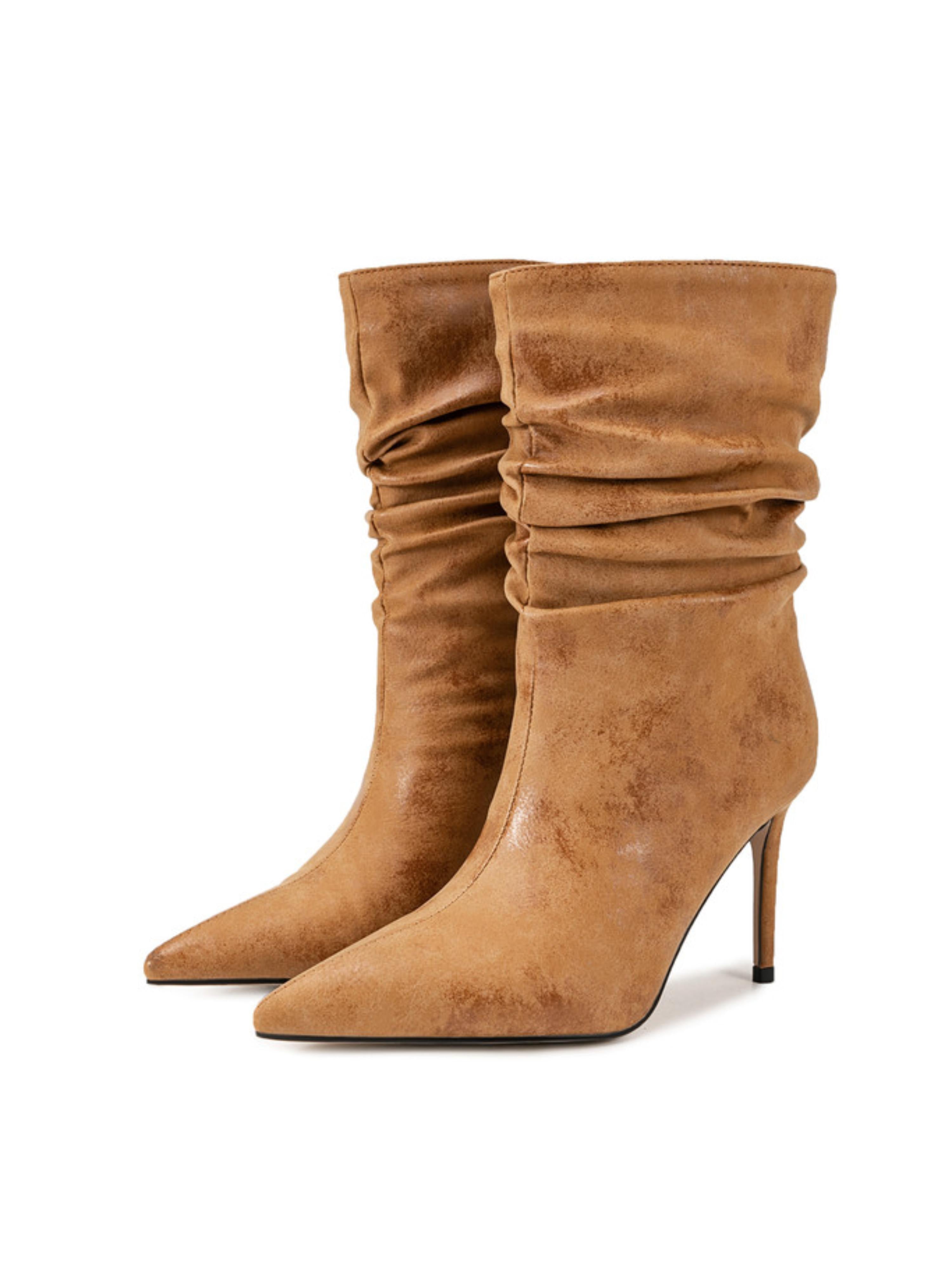 Elegant Pointed Toe Tan Slouchy Ankle Boots