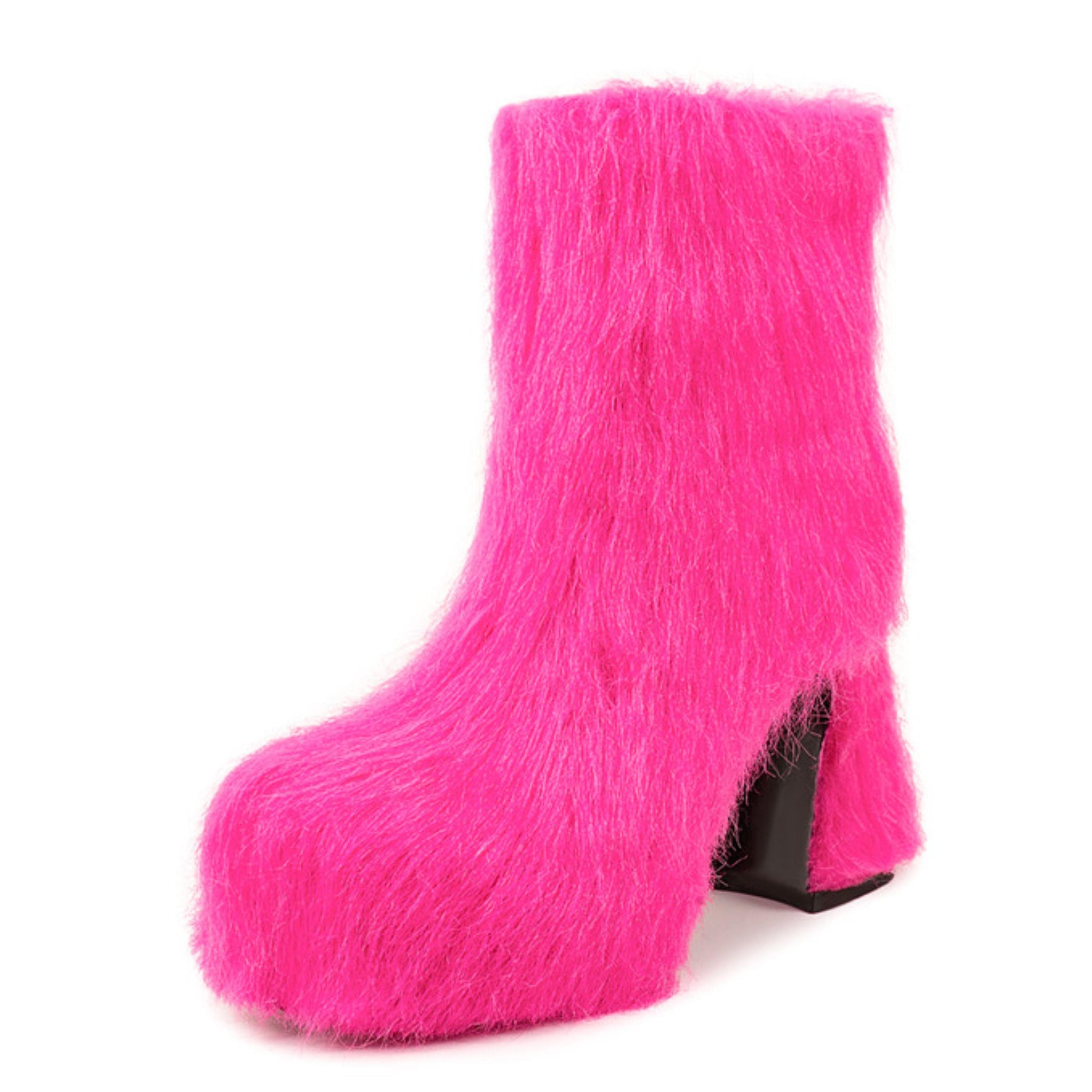 Pink Block Heel Faux Fur Platform Ankle Boots for Women