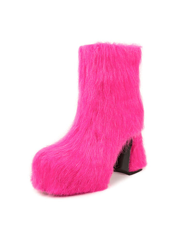 Pink Block Heel Faux Fur Platform Ankle Boots for Women