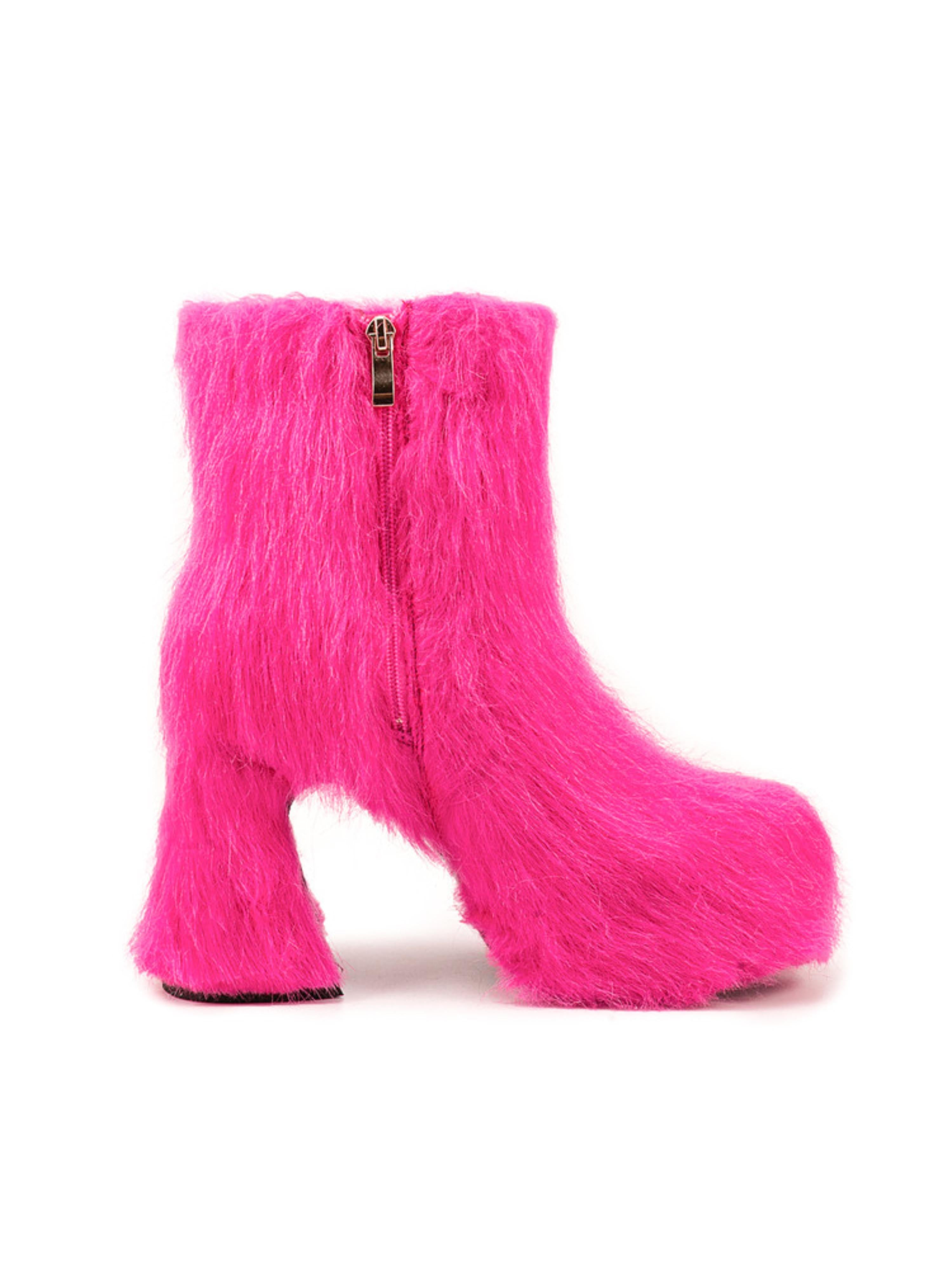 Pink Block Heel Faux Fur Platform Ankle Boots for Women