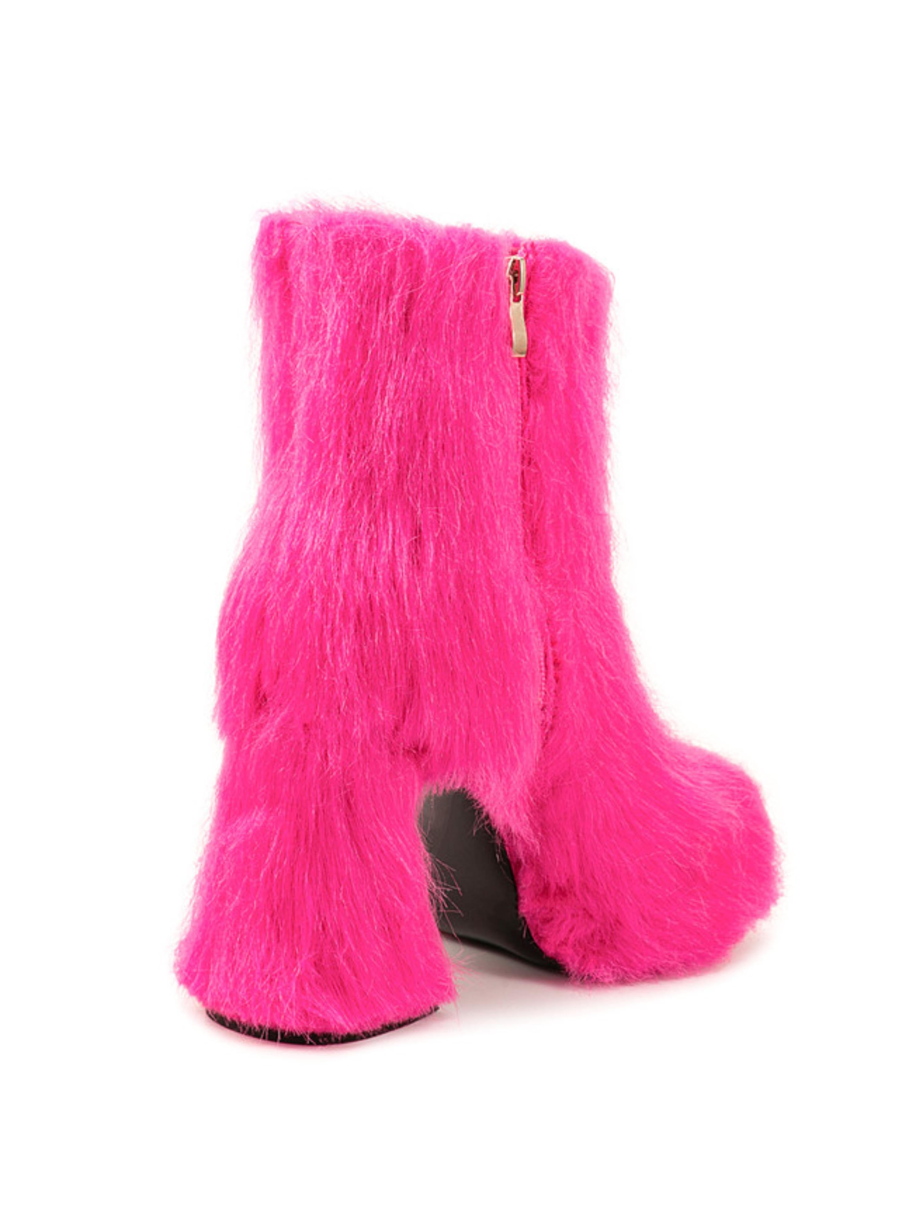 Pink Block Heel Faux Fur Platform Ankle Boots for Women