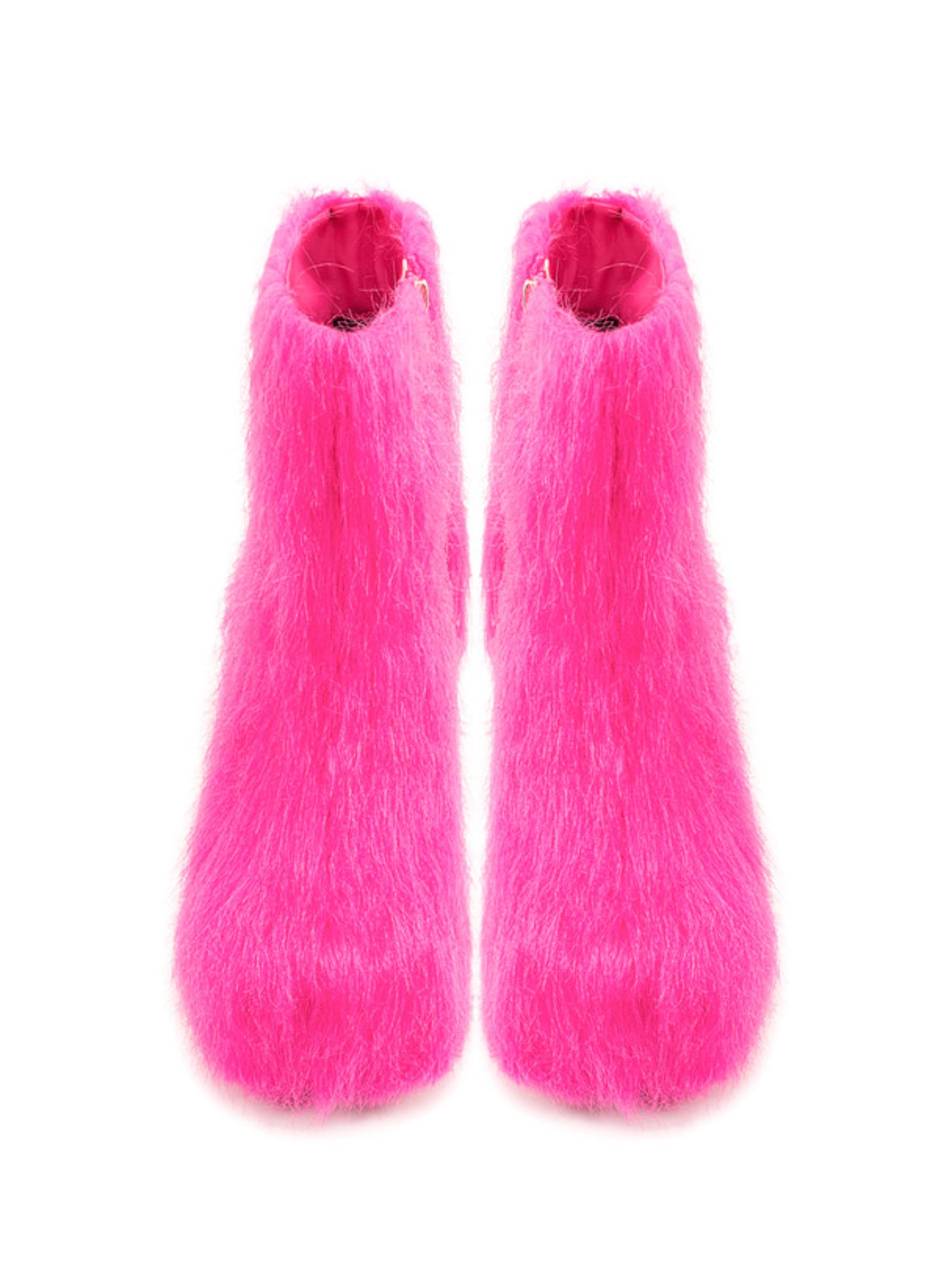 Pink Block Heel Faux Fur Platform Ankle Boots for Women