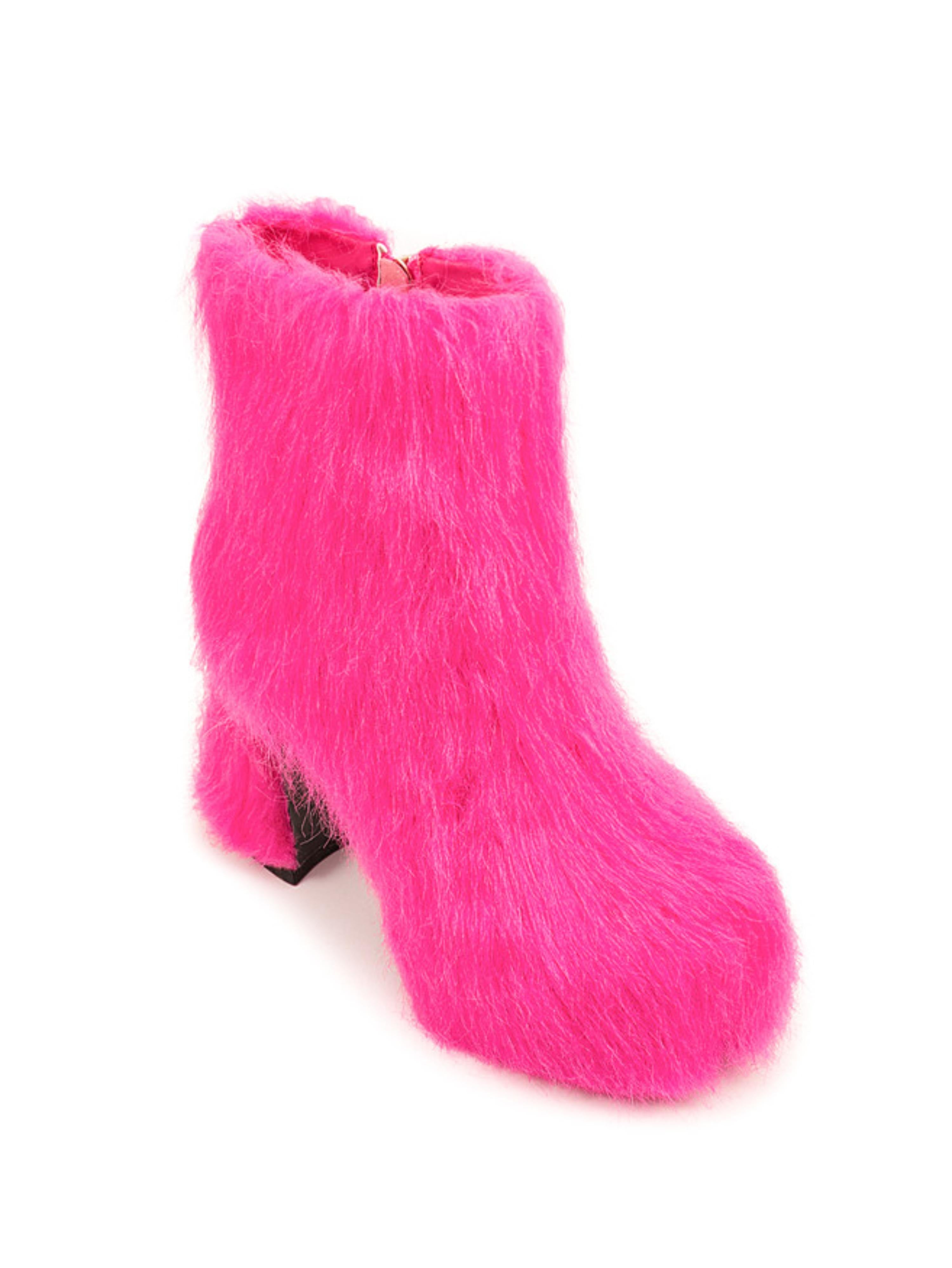 Pink Block Heel Faux Fur Platform Ankle Boots for Women