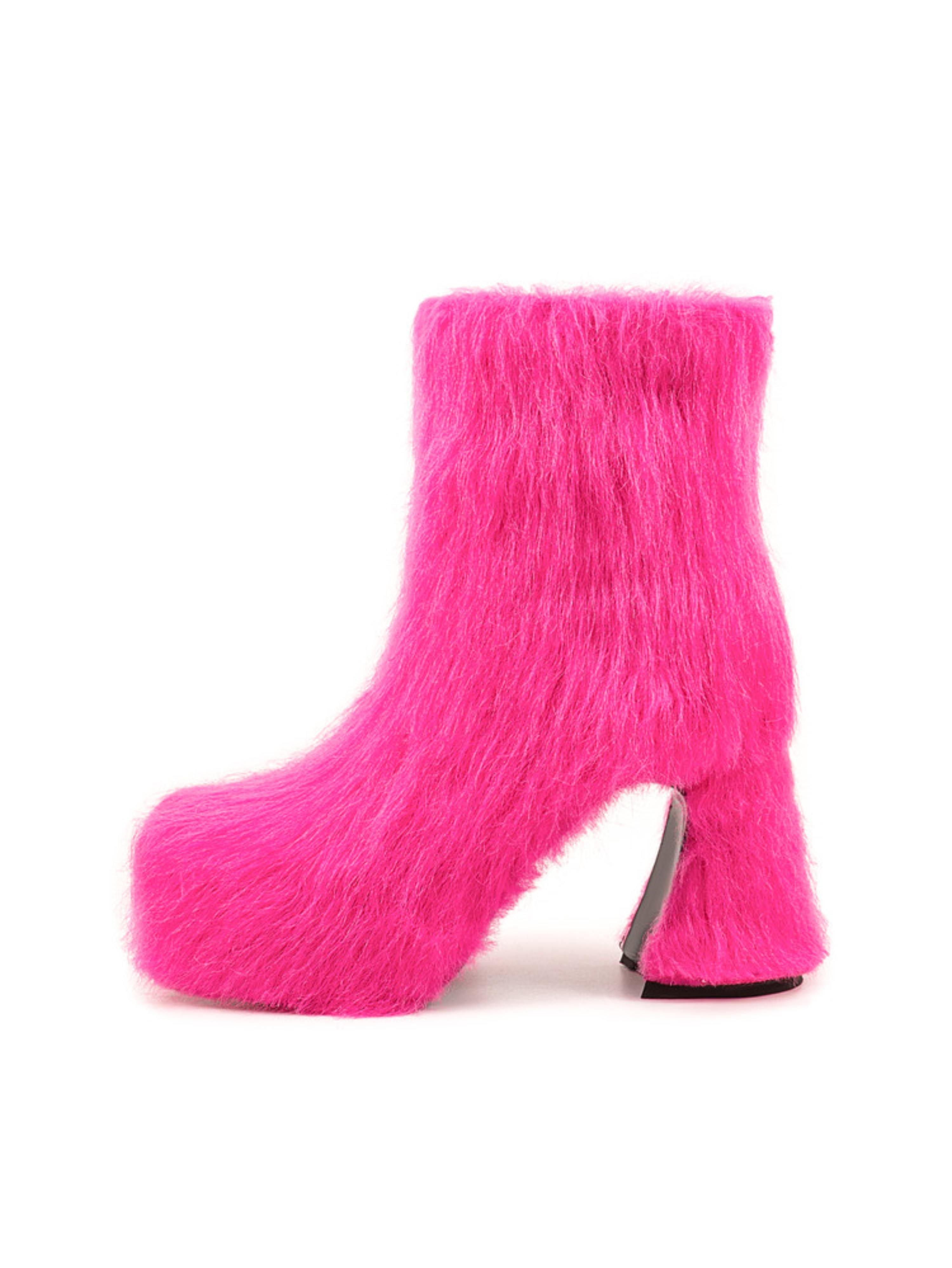 Pink Block Heel Faux Fur Platform Ankle Boots for Women