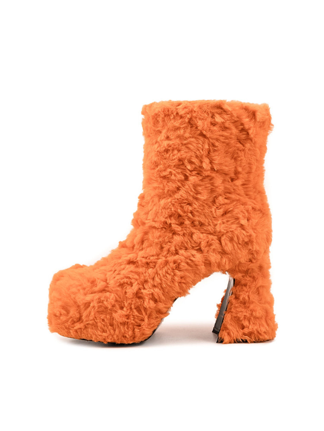 Orange Faux Fur Round Toe Ankle Heeled Boots for Women