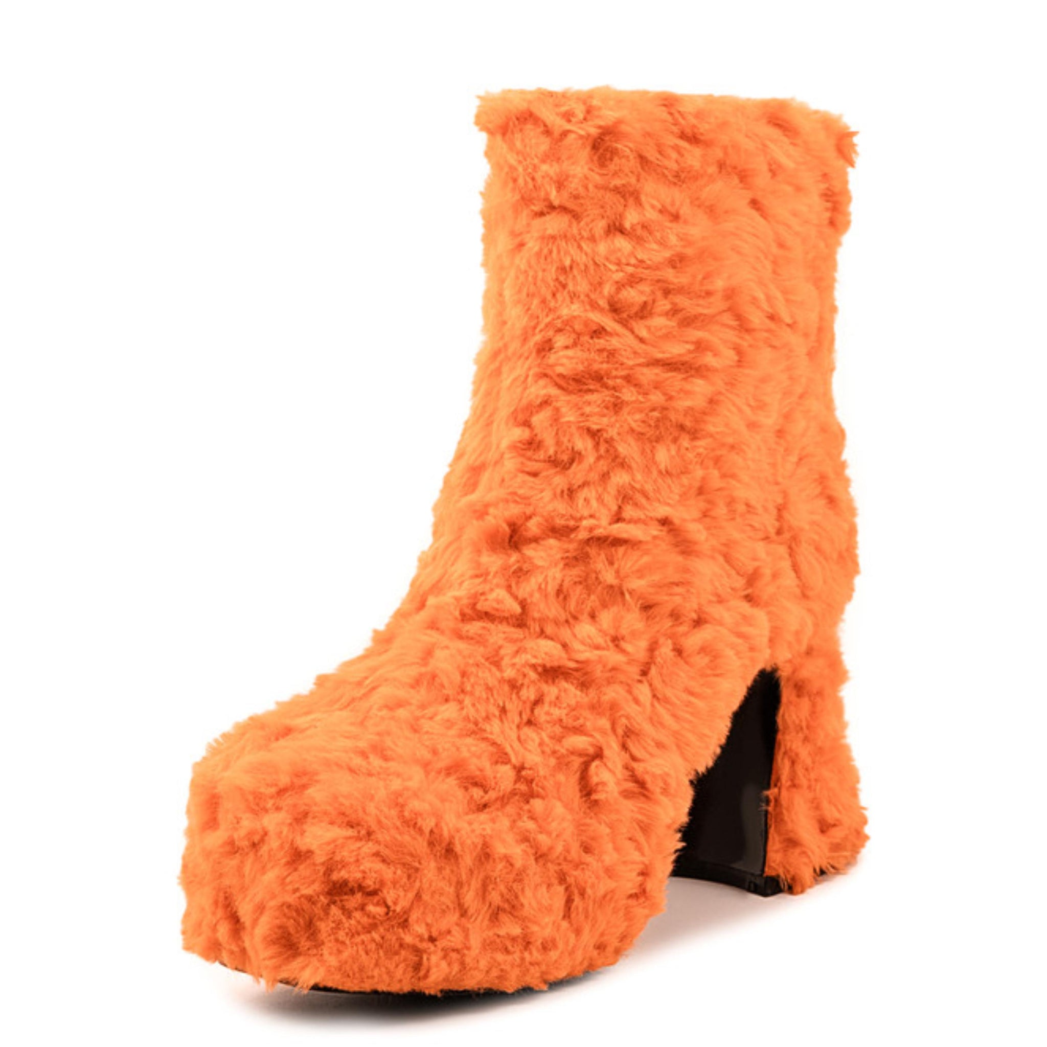 Orange Faux Fur Round Toe Ankle Heeled Boots for Women