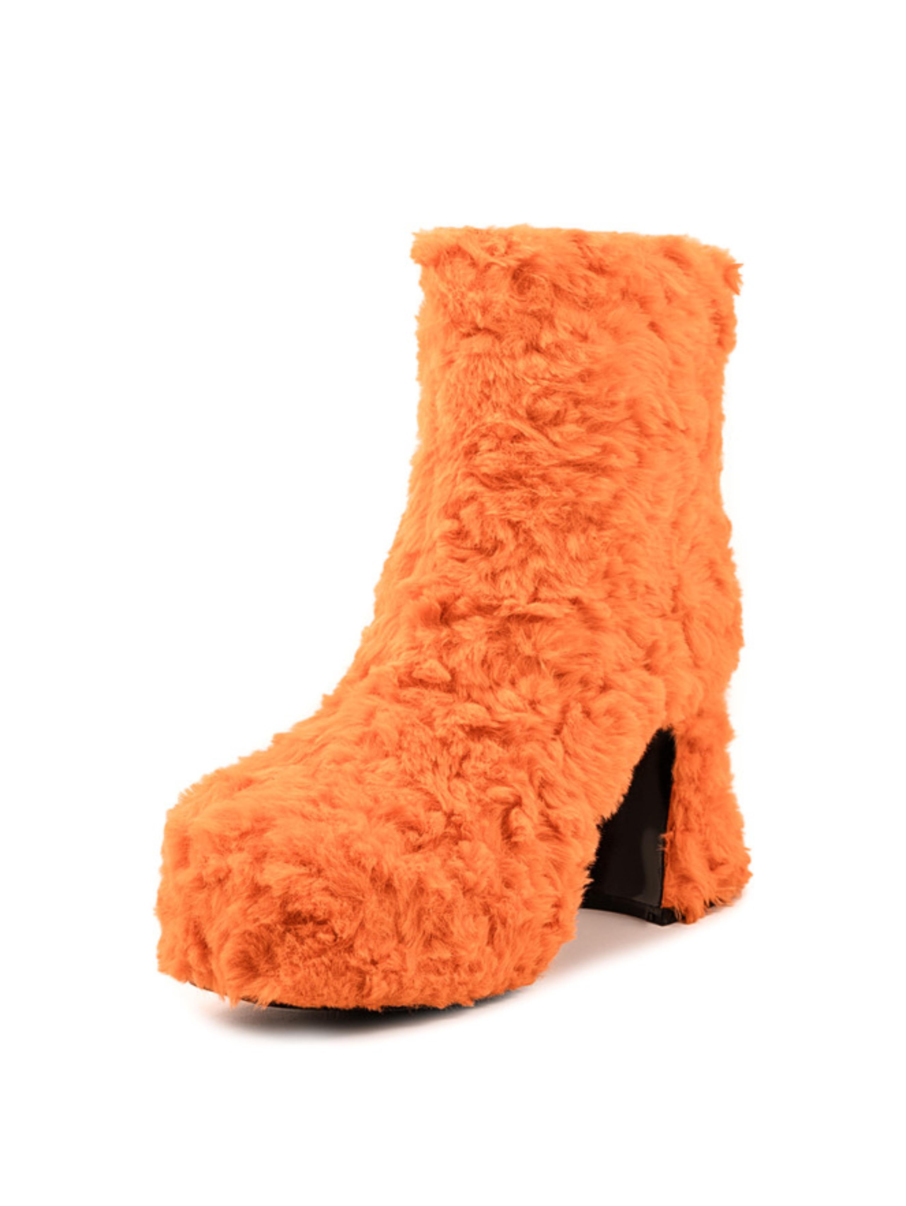 Orange Faux Fur Round Toe Ankle Heeled Boots for Women