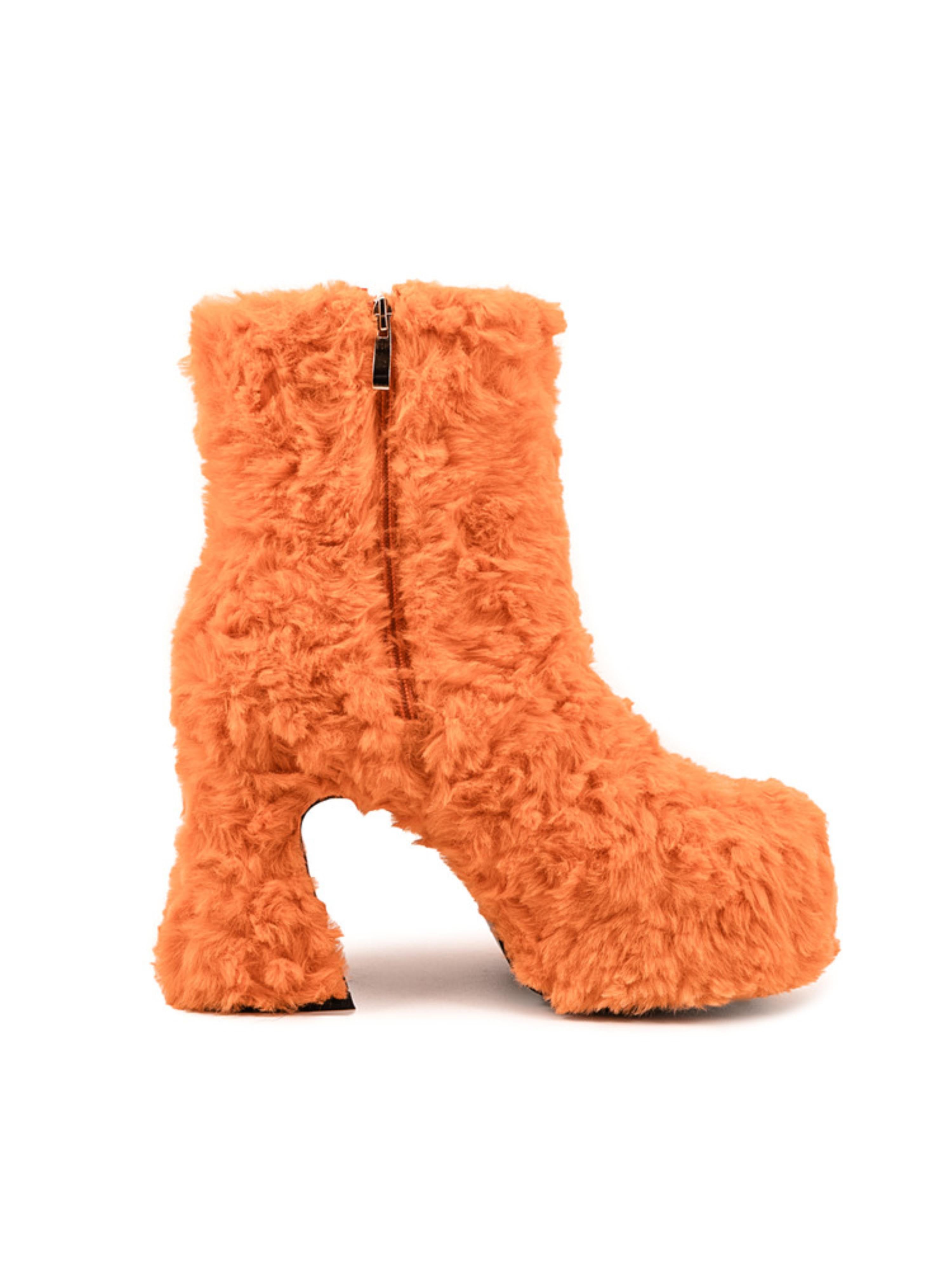 Orange Faux Fur Round Toe Ankle Heeled Boots for Women