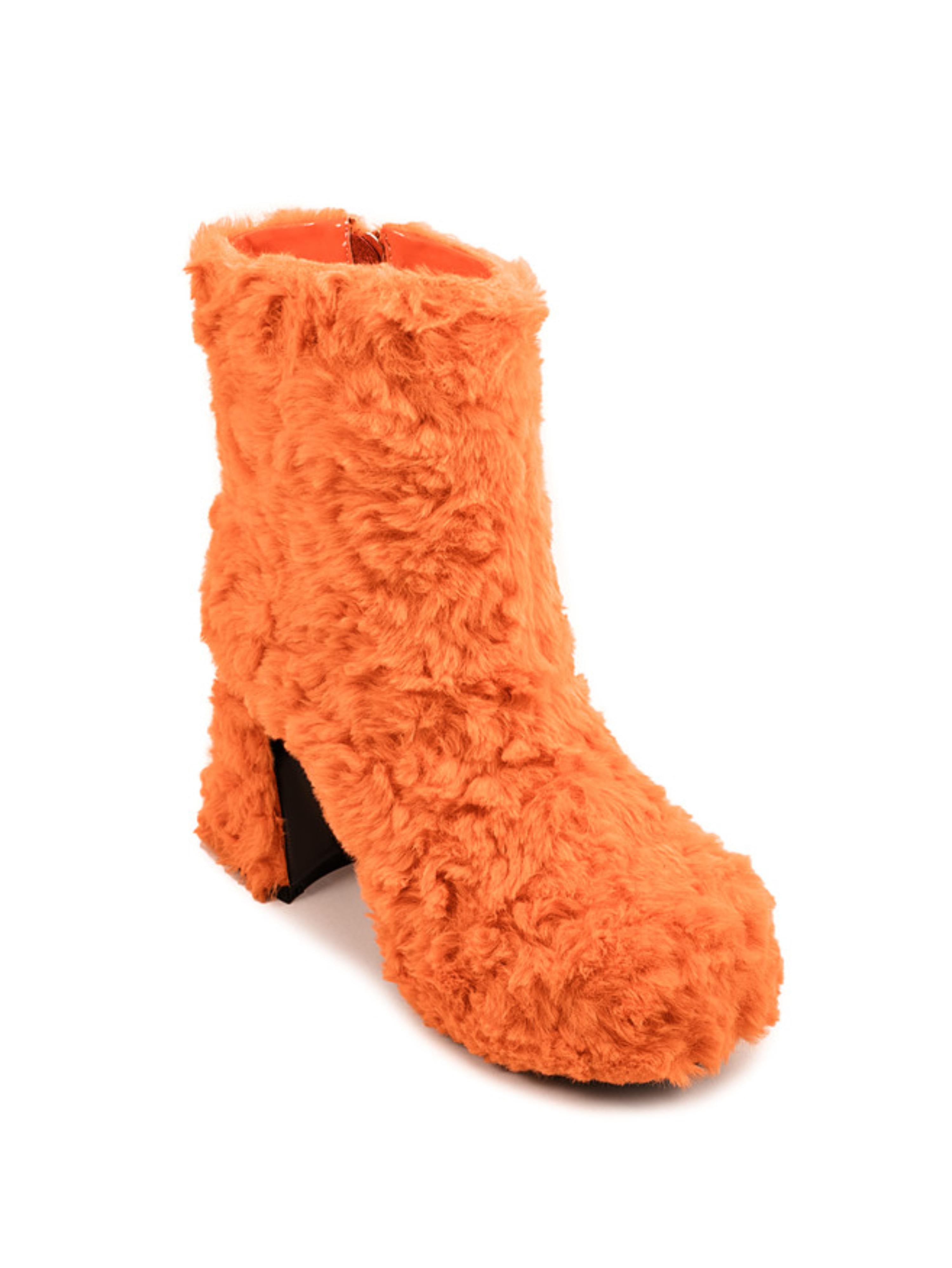 Orange Faux Fur Round Toe Ankle Heeled Boots for Women