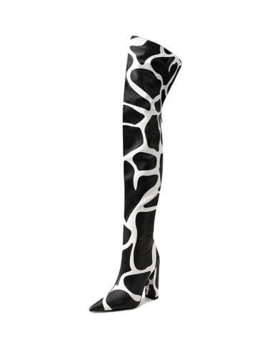 Black and White Chunky Heel Ladies Over-The-Knee Boots
