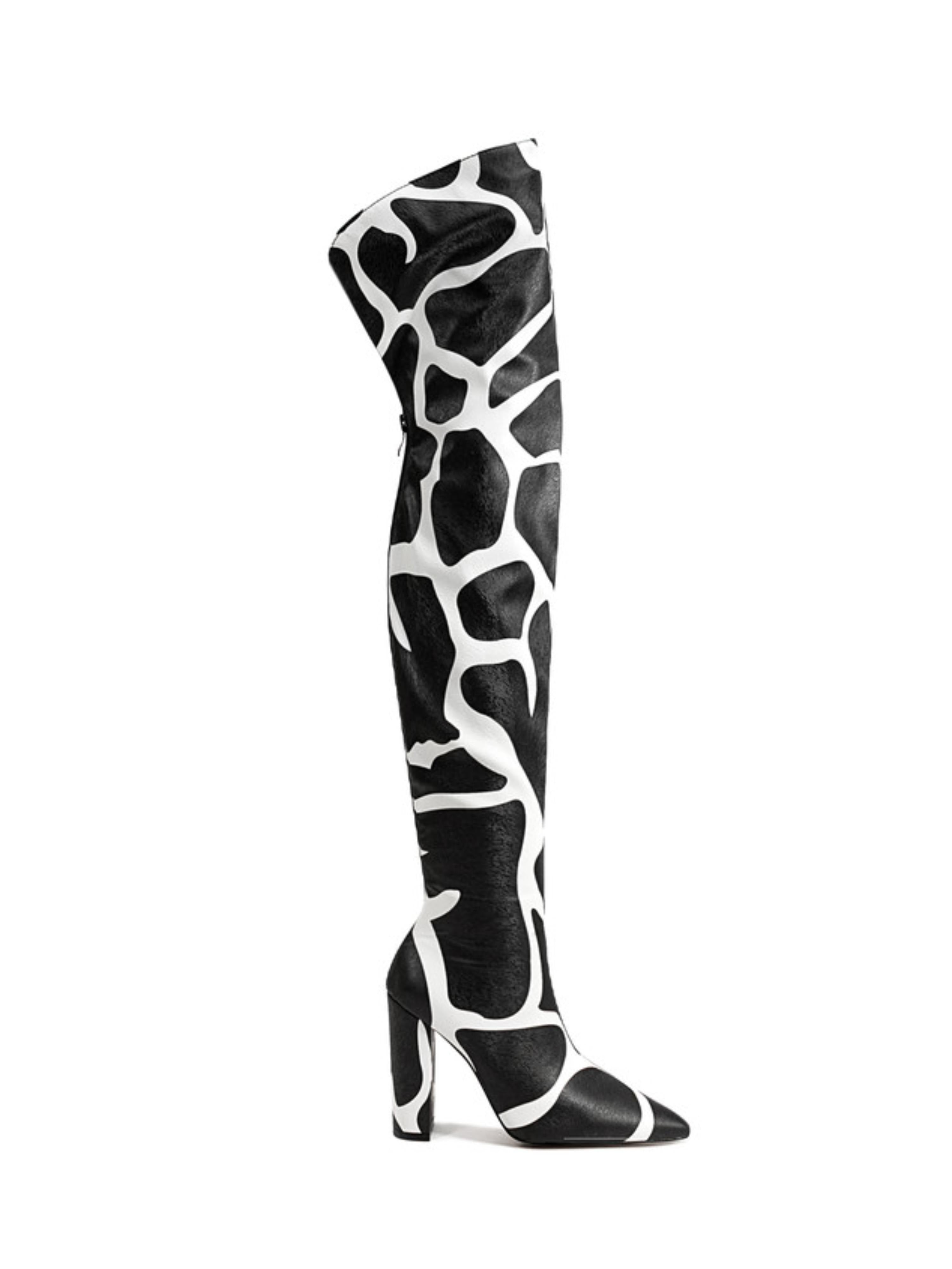 Black and White Chunky Heel Ladies Over-The-Knee Boots