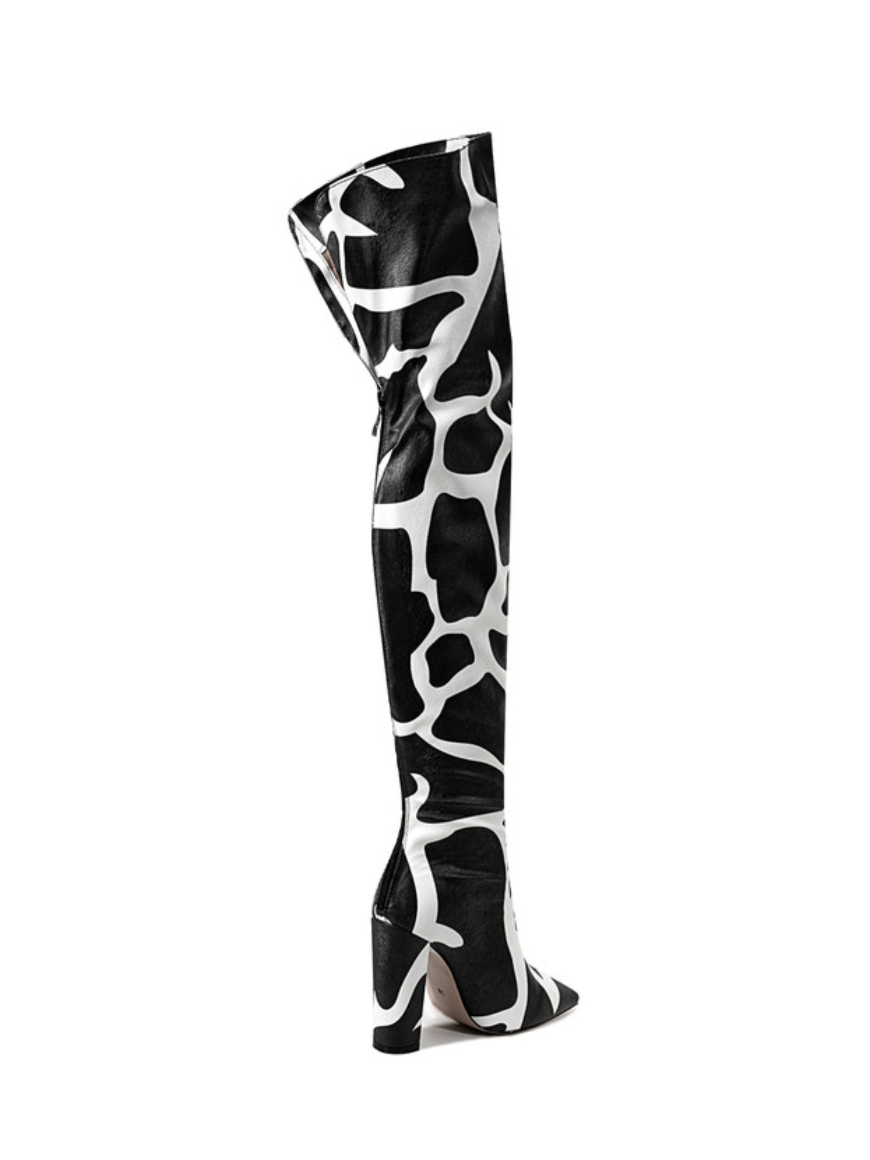 Black and White Chunky Heel Ladies Over-The-Knee Boots