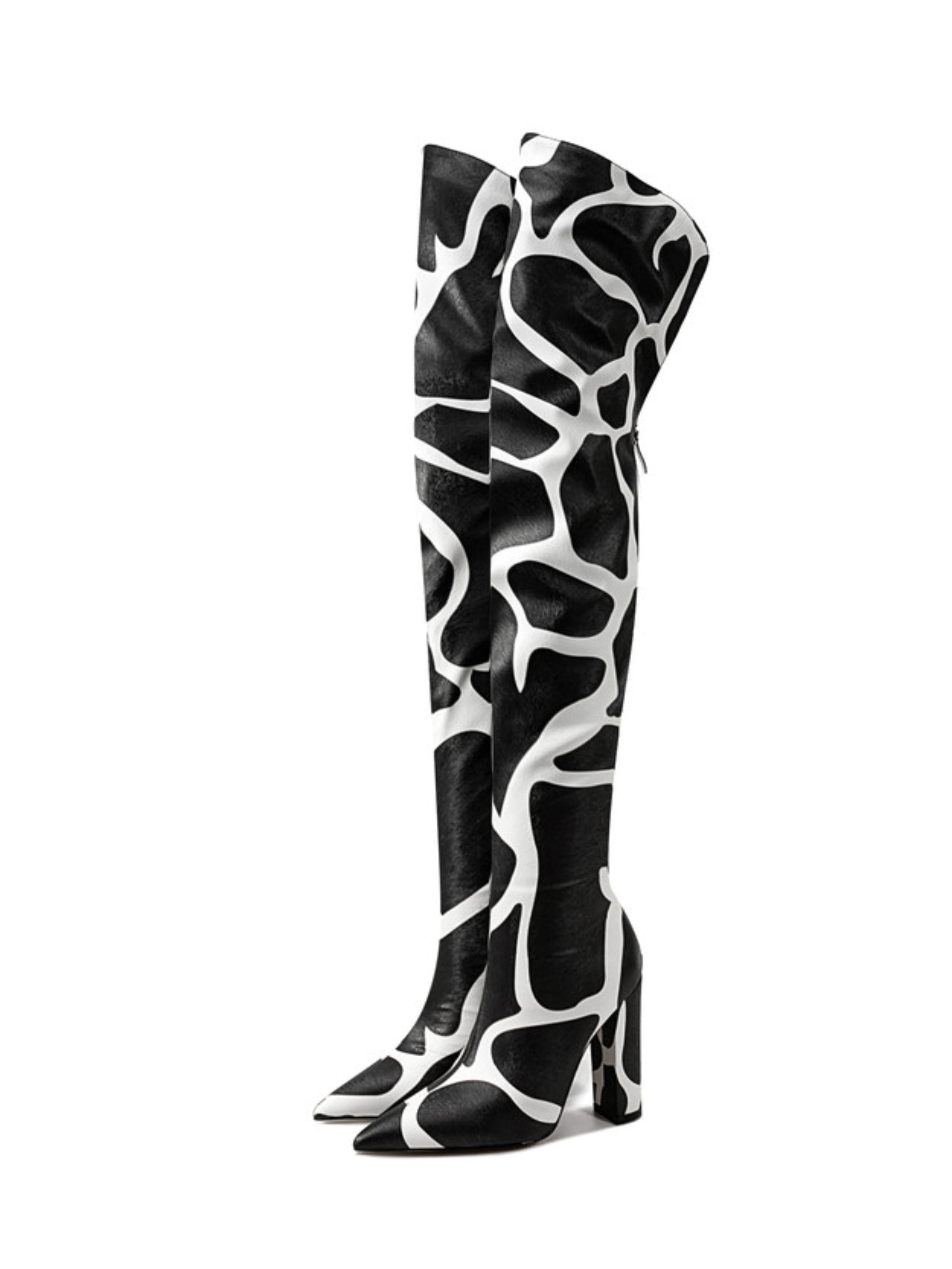 Black and White Chunky Heel Ladies Over-The-Knee Boots