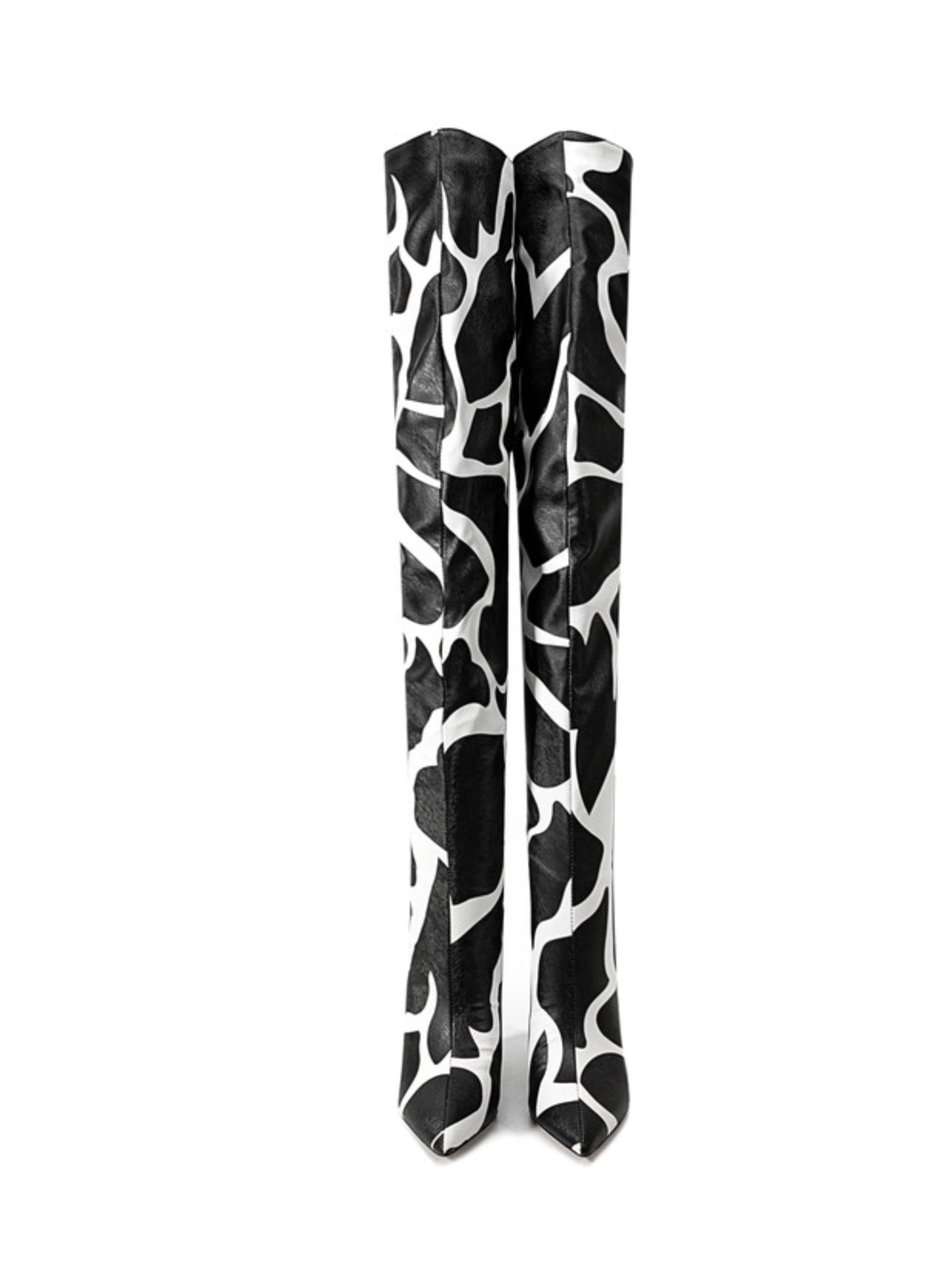 Black and White Chunky Heel Ladies Over-The-Knee Boots