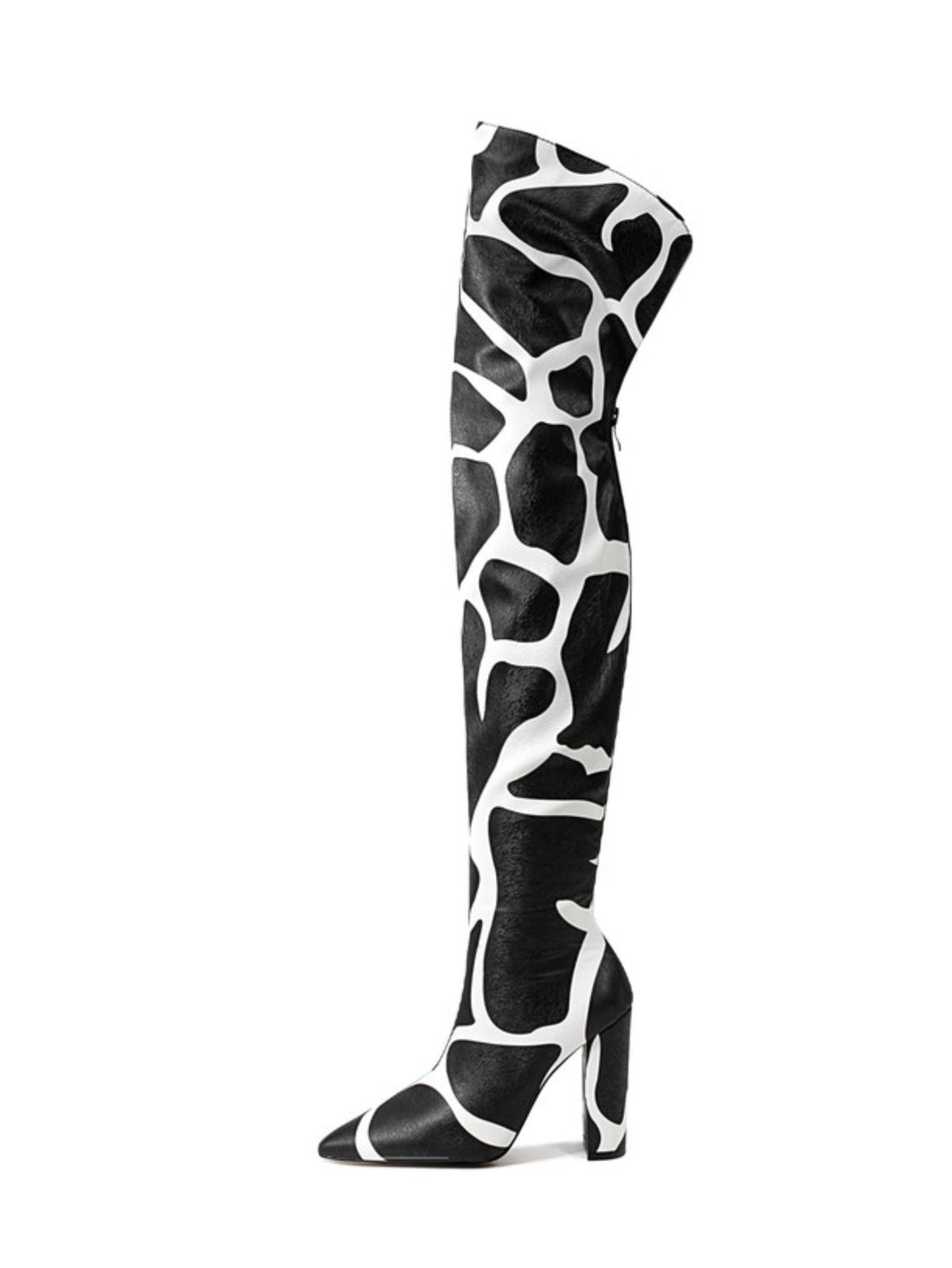 Black and White Chunky Heel Ladies Over-The-Knee Boots