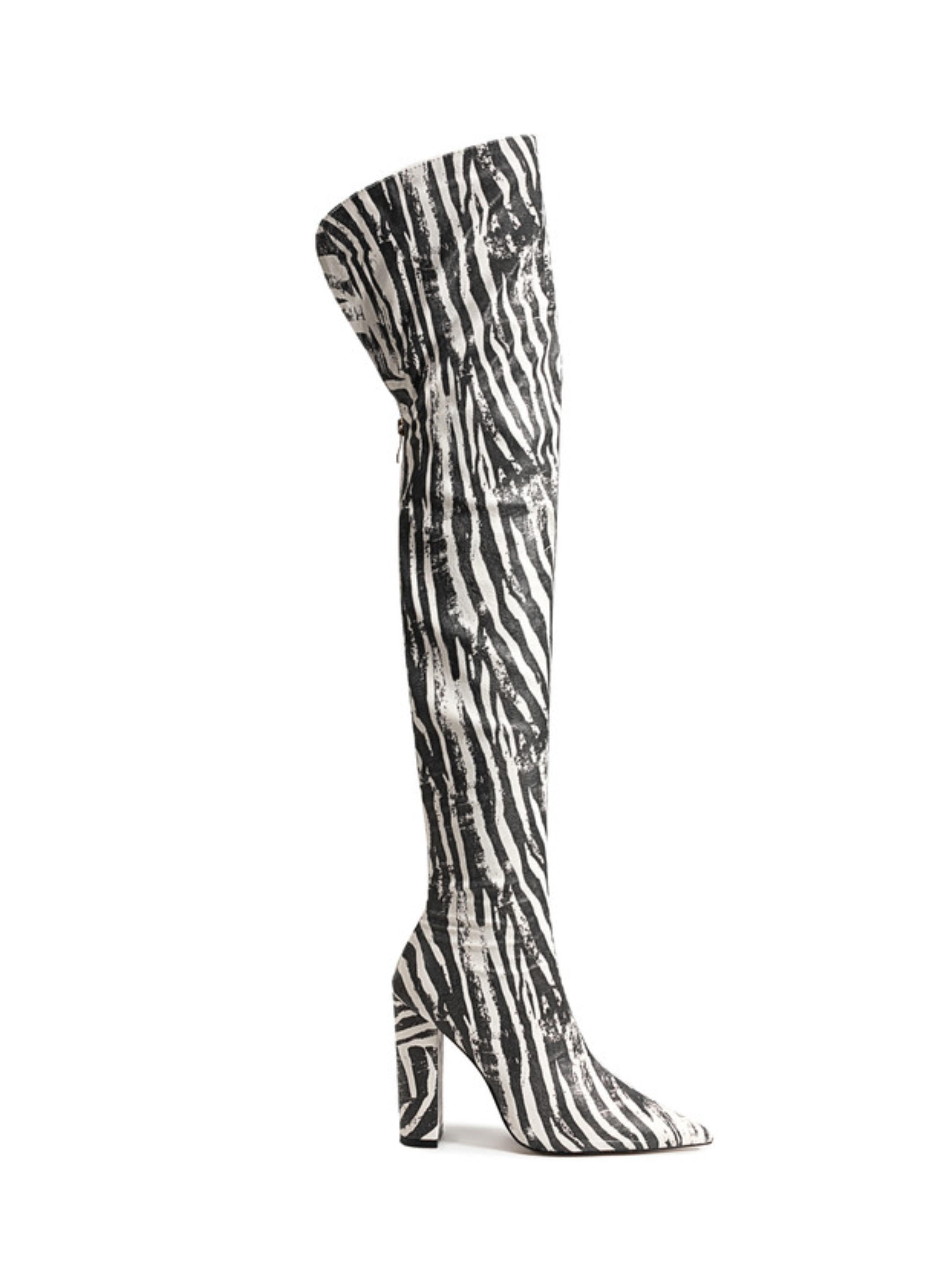 Black Striped Thigh-High Pointed Toe Boots for Women