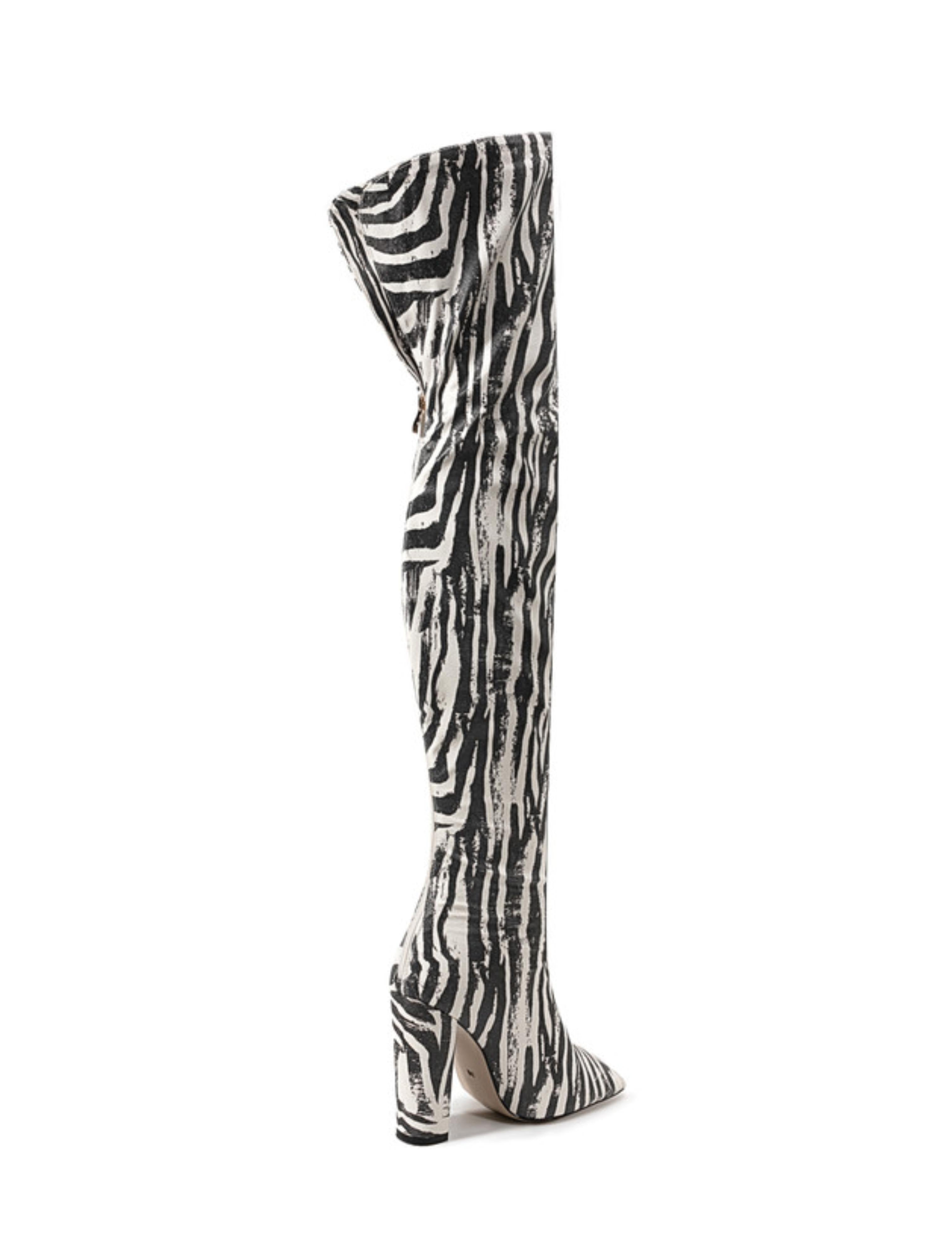Black Striped Thigh-High Pointed Toe Boots for Women
