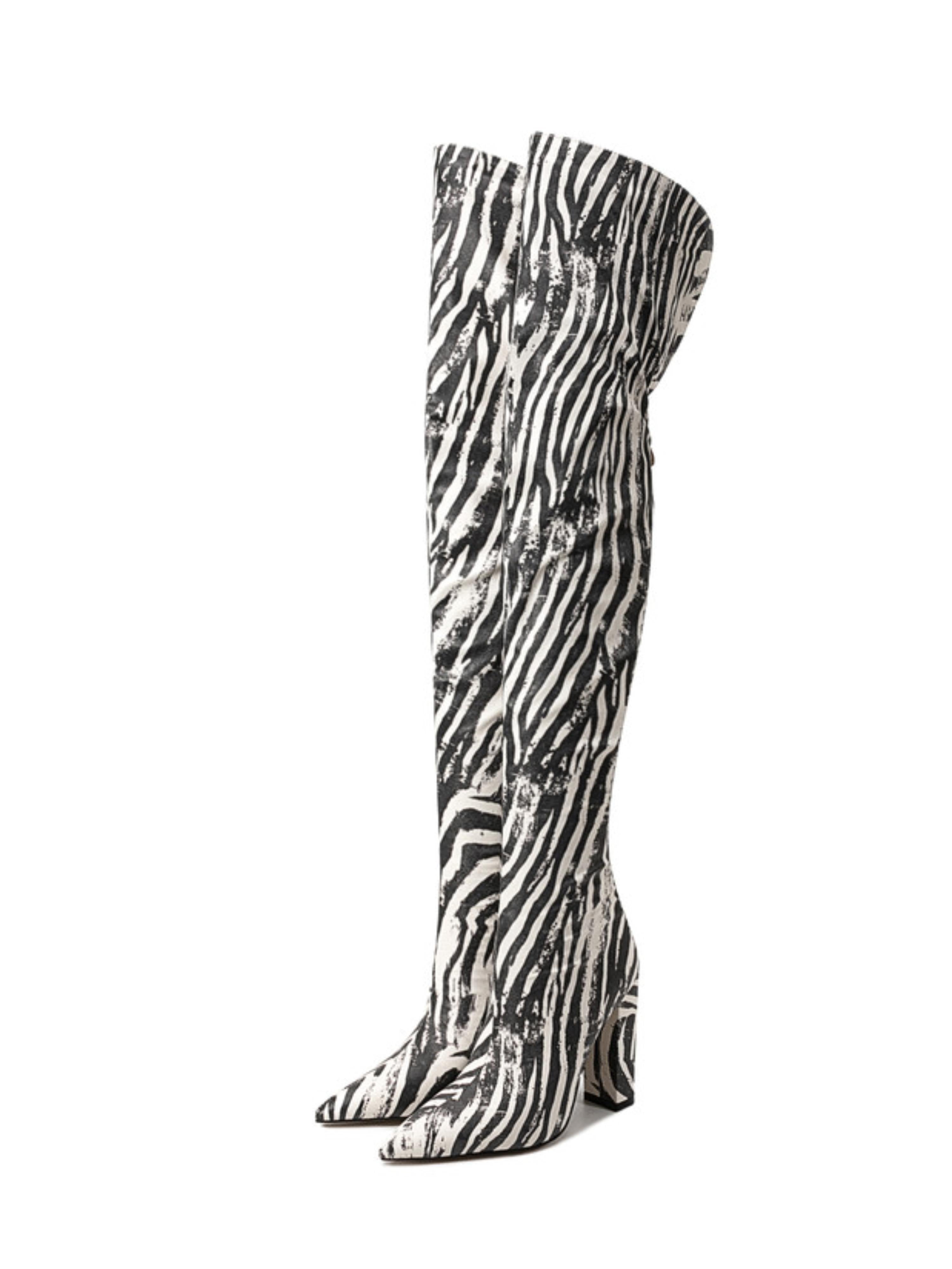 Black Striped Thigh-High Pointed Toe Boots for Women