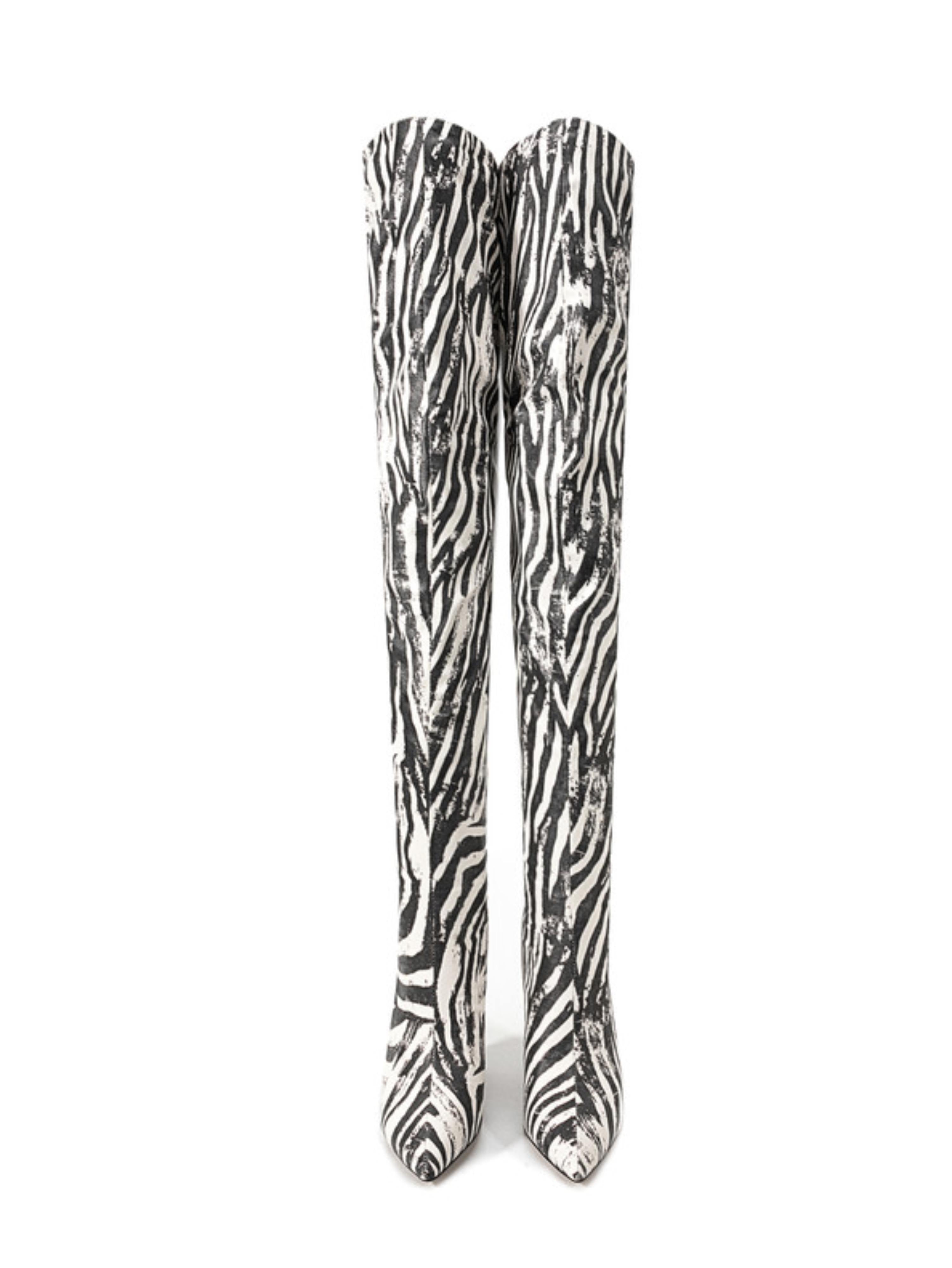 Black Striped Thigh-High Pointed Toe Boots for Women