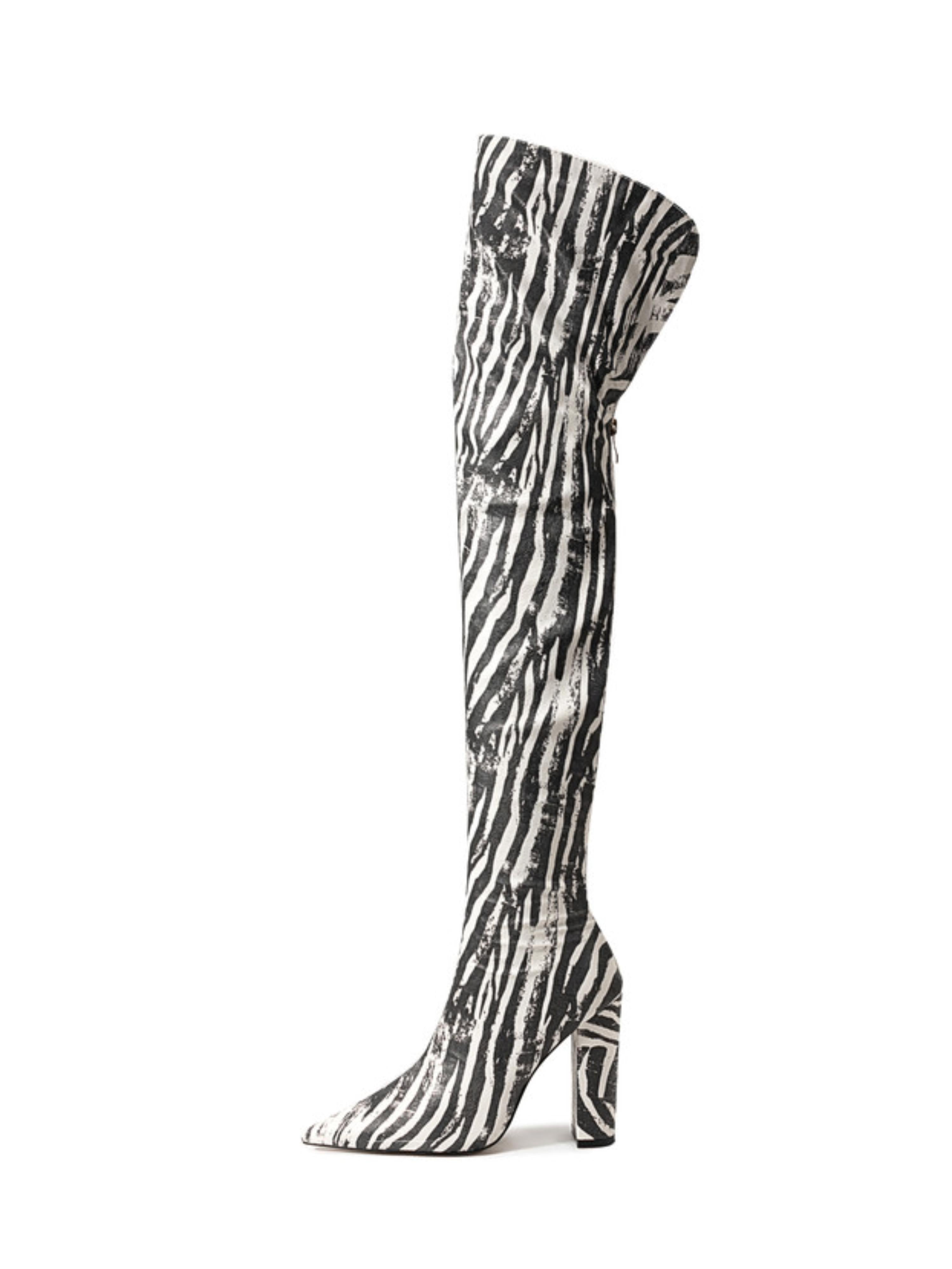 Black Striped Thigh-High Pointed Toe Boots for Women