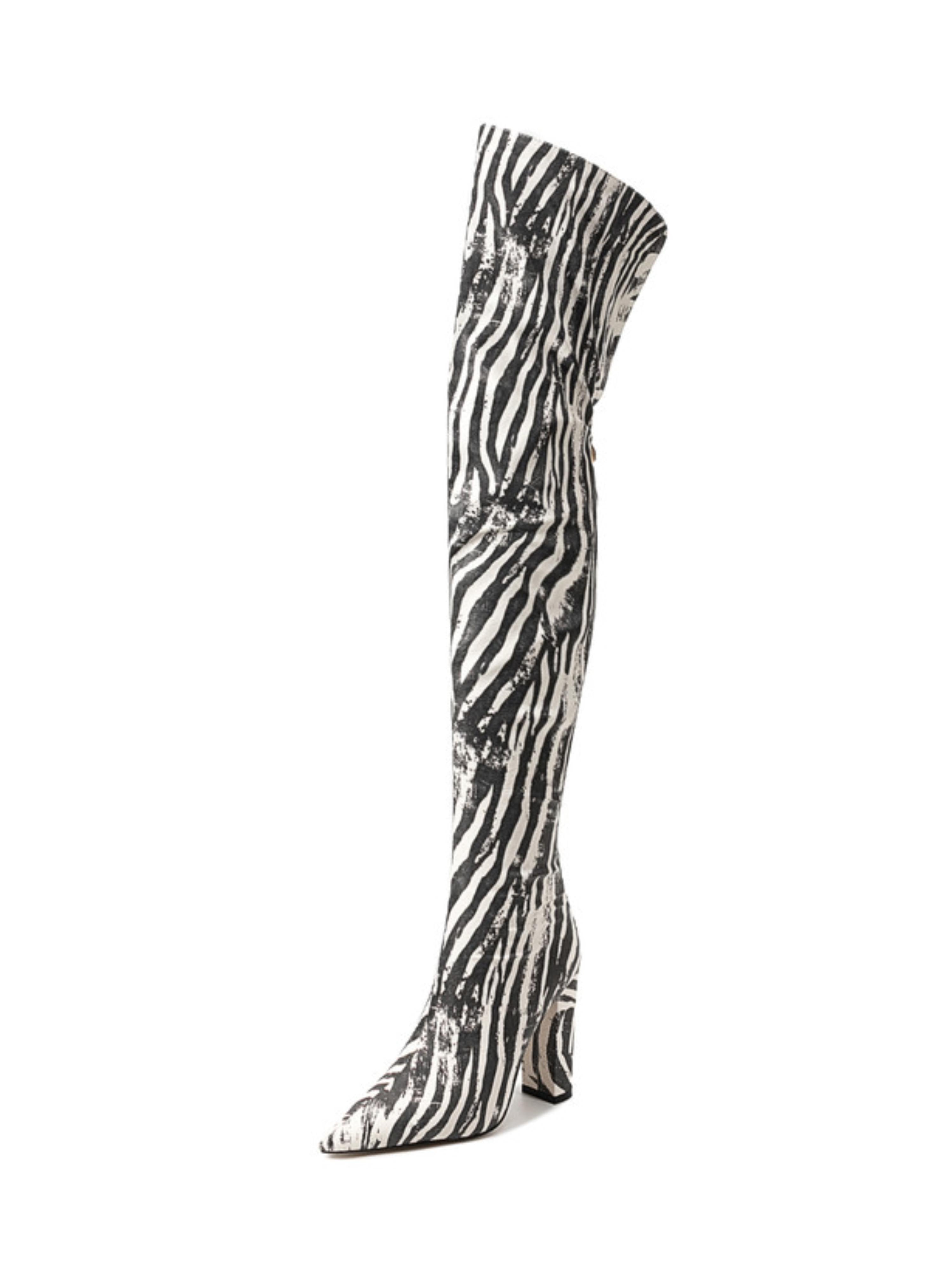 Black Striped Thigh-High Pointed Toe Boots for Women