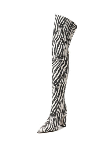 Black Striped Thigh-High Pointed Toe Boots for Women