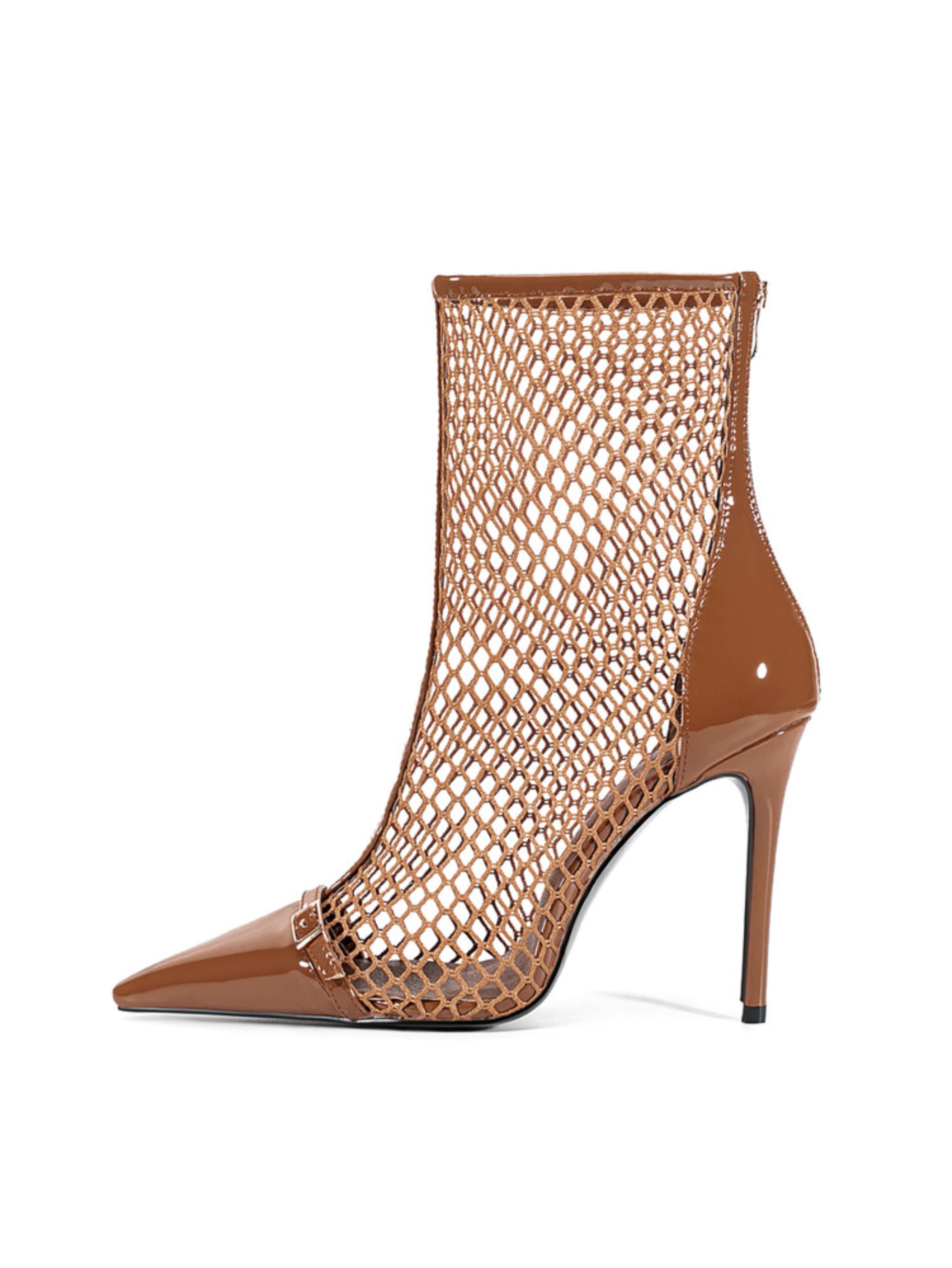 Brown Fishnet High Heels Ankle Boots for Women