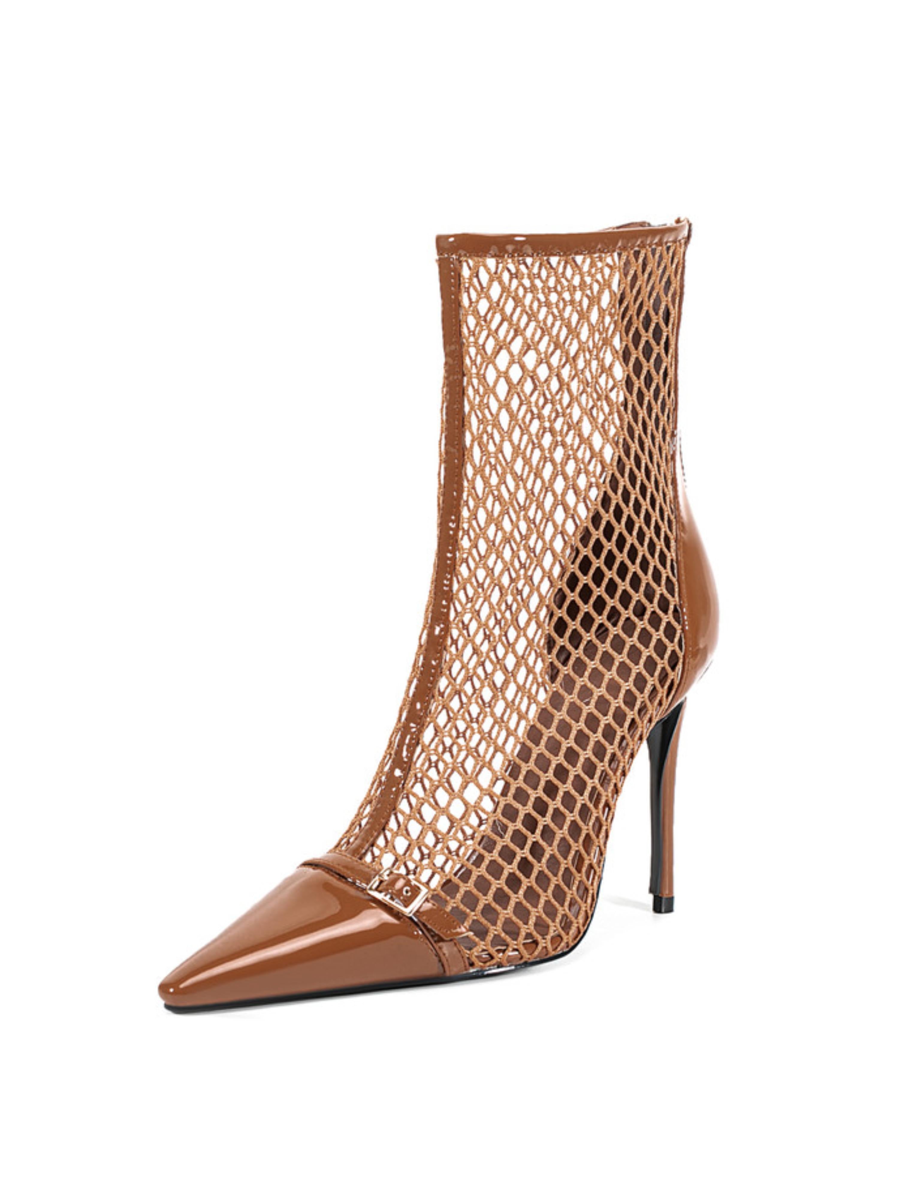 Brown Fishnet High Heels Ankle Boots for Women