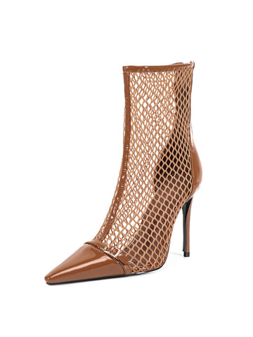 Brown Fishnet High Heels Ankle Boots for Women