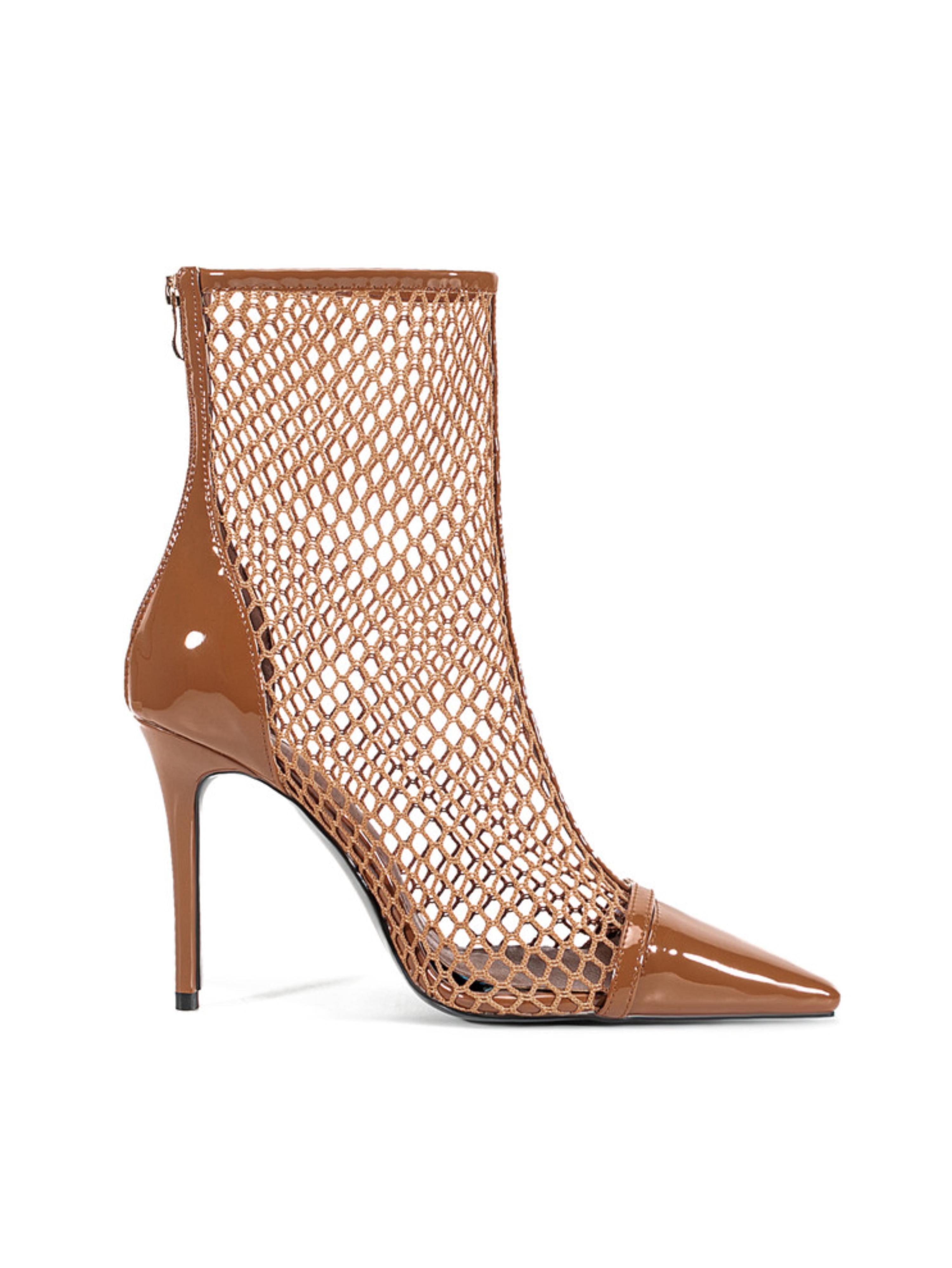 Brown Fishnet High Heels Ankle Boots for Women