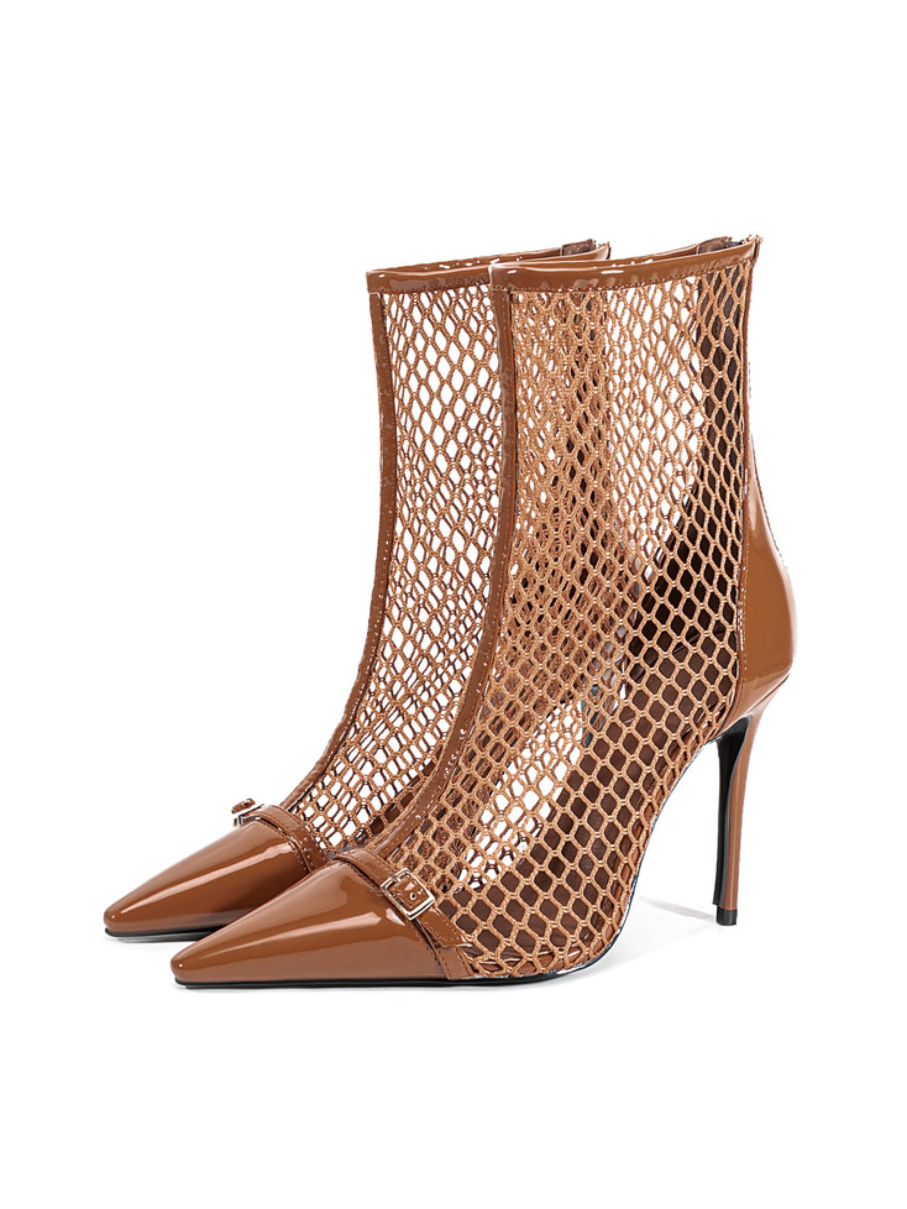Brown Fishnet High Heels Ankle Boots for Women