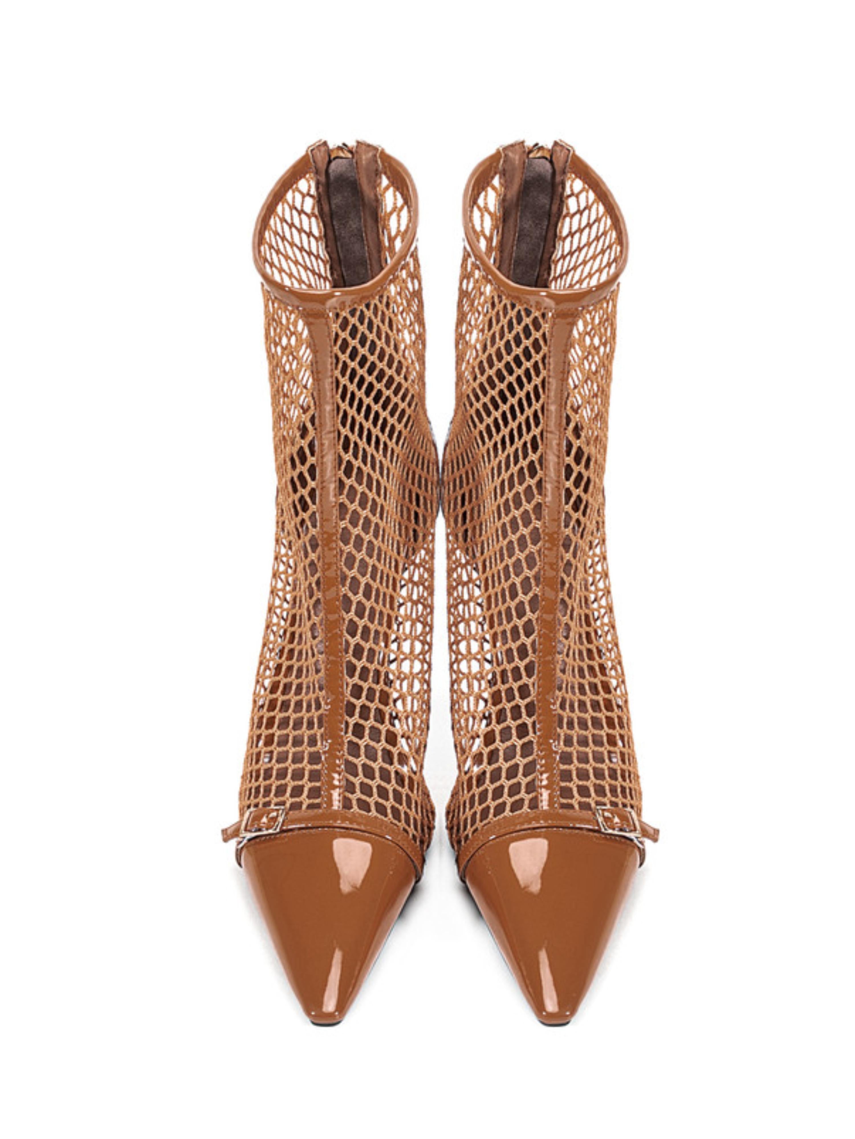 Brown Fishnet High Heels Ankle Boots for Women
