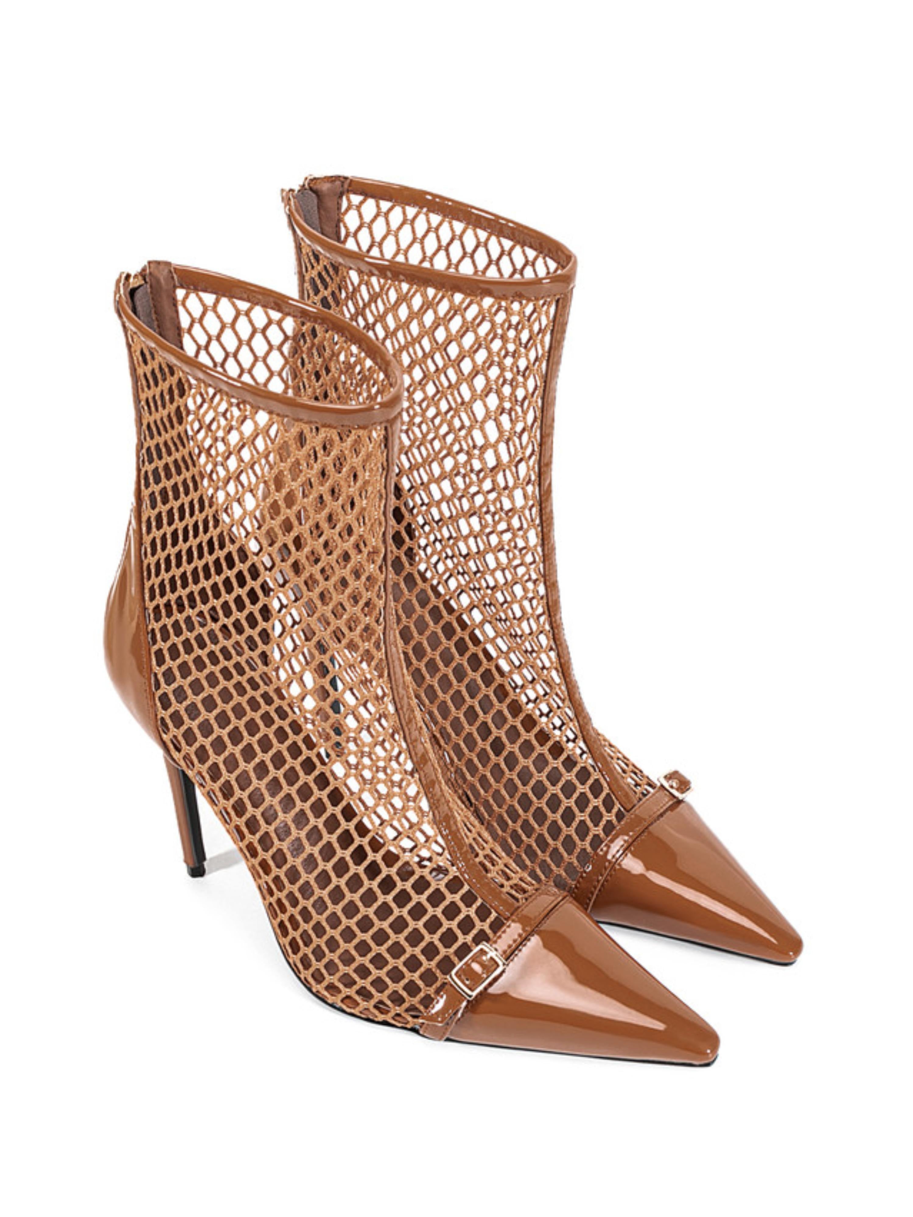 Brown Fishnet High Heels Ankle Boots for Women