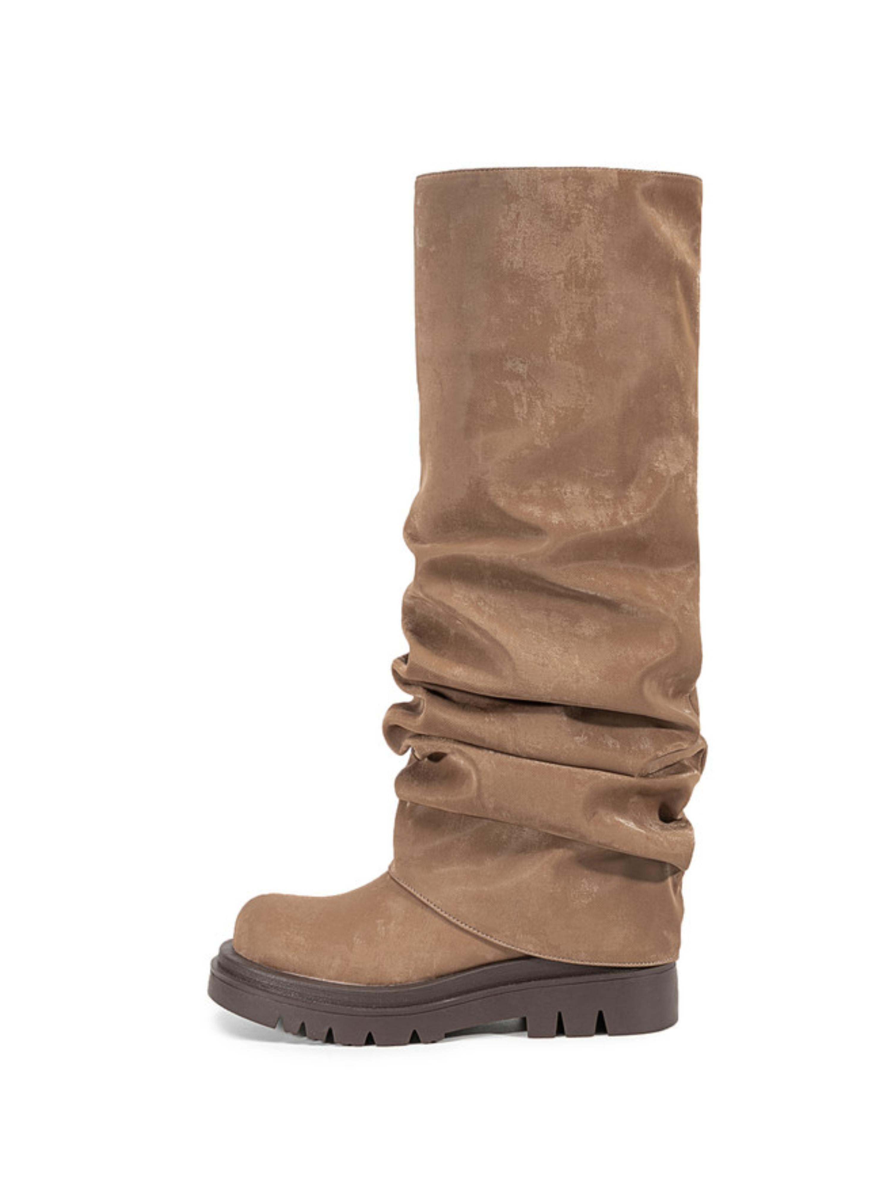 Brown Platform Heel Round Toe Knee-High Boots