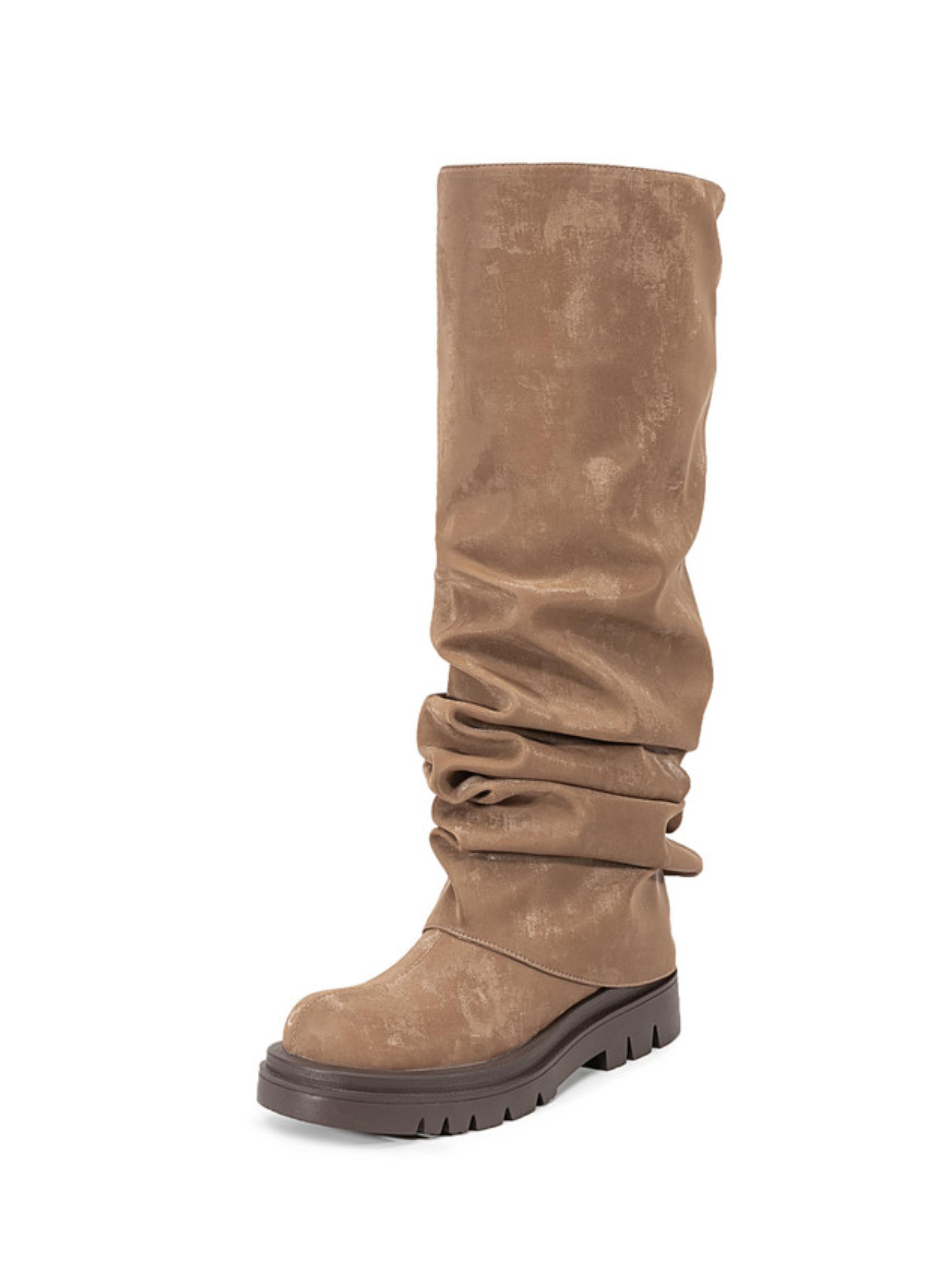 Brown Platform Heel Round Toe Knee-High Boots