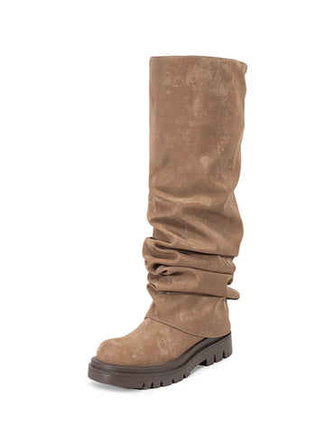 Brown Platform Heel Round Toe Knee-High Boots