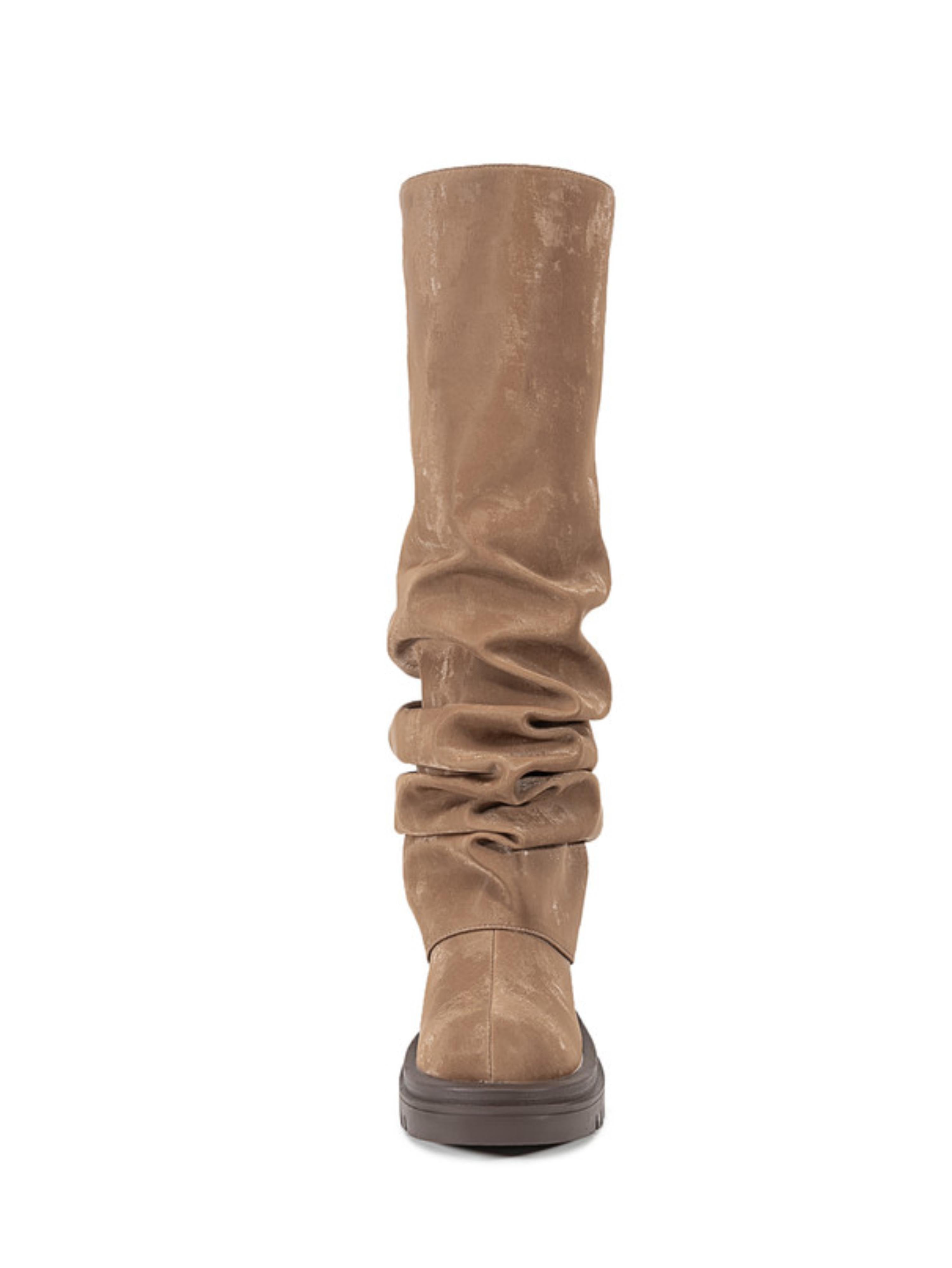 Brown Platform Heel Round Toe Knee-High Boots