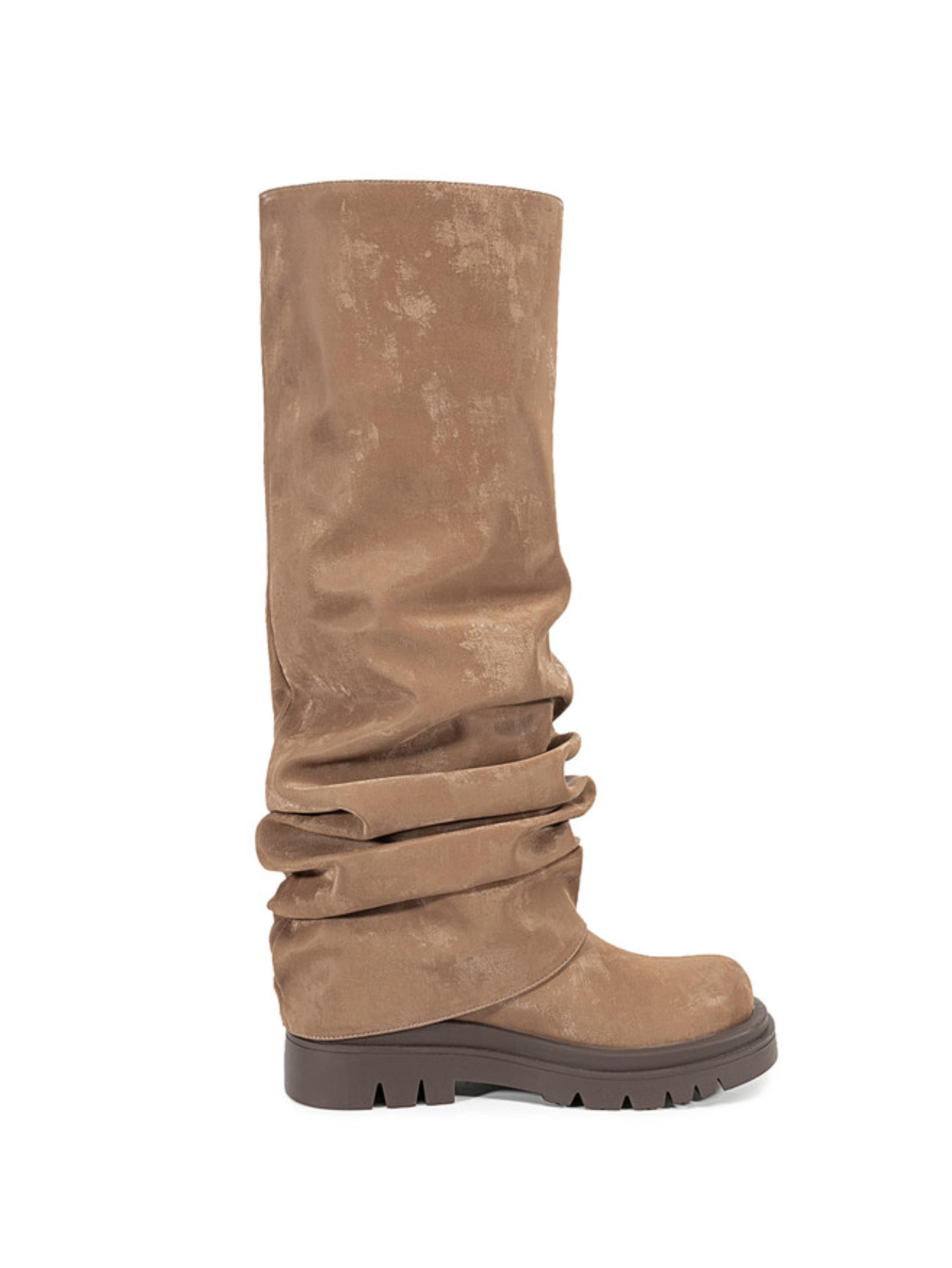 Brown Platform Heel Round Toe Knee-High Boots