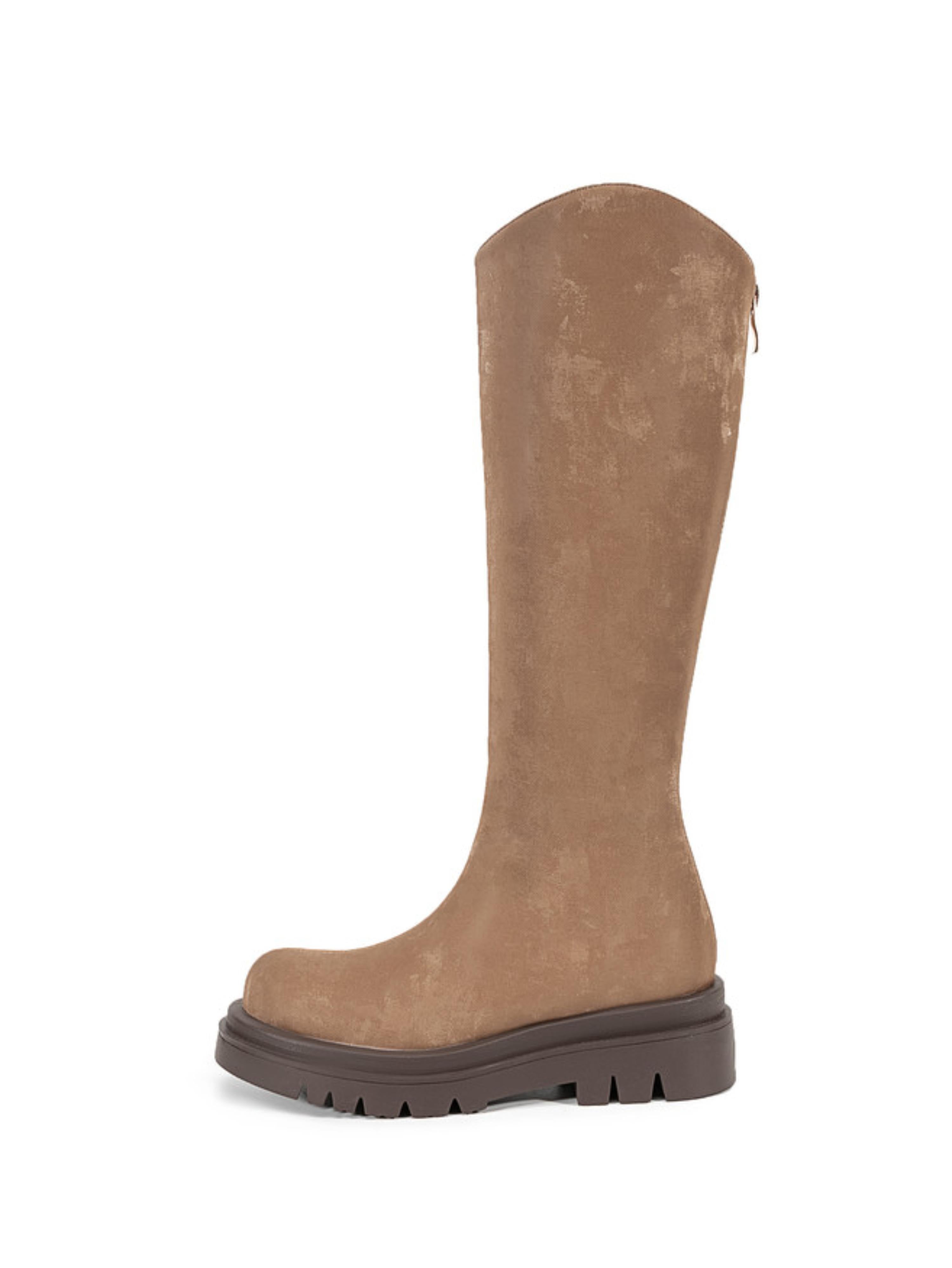Brown Platform Heel Round Toe Knee-High Boots